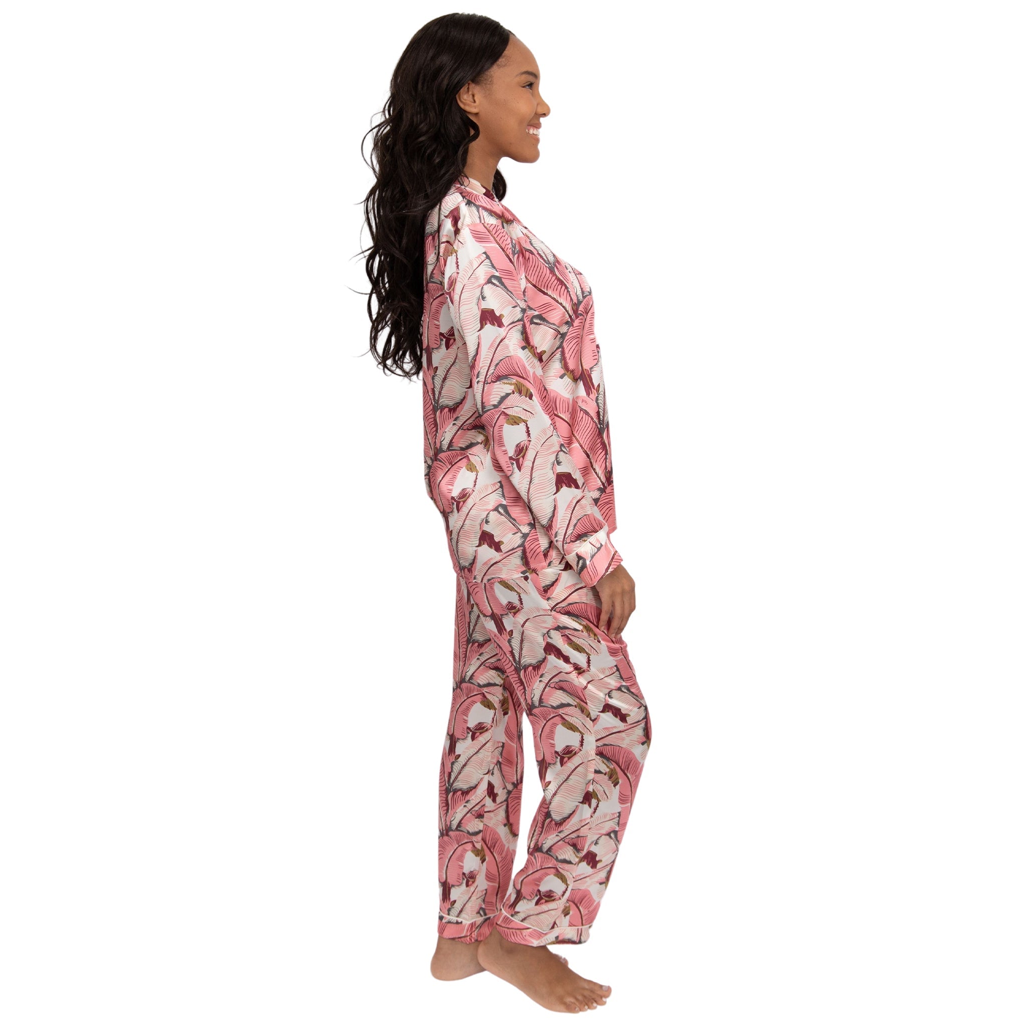 Women's Banana Leaf Pink Shirt + Pj Pant Set - Silk