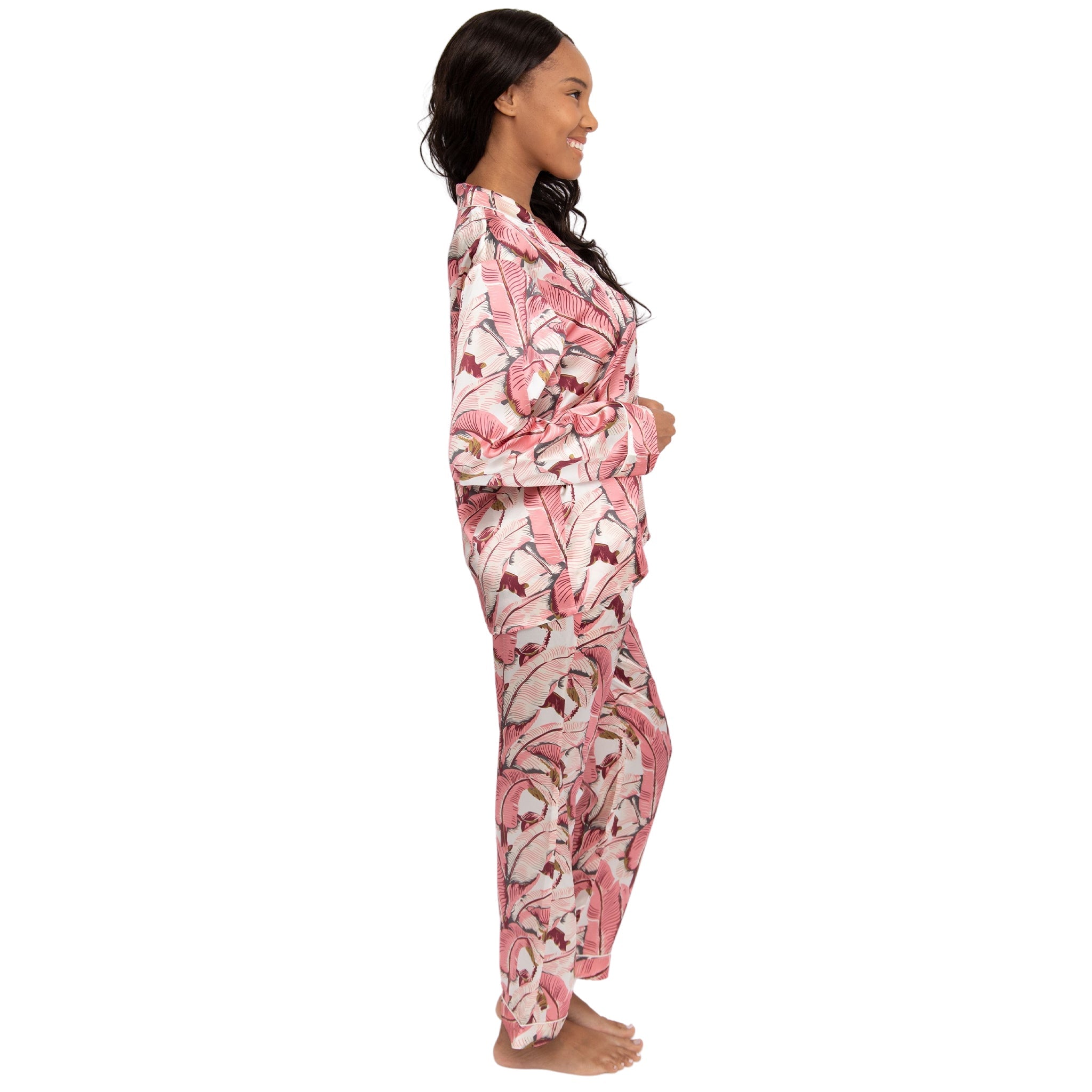 Women's Banana Leaf Pink Shirt + Pj Pant Set - Silk