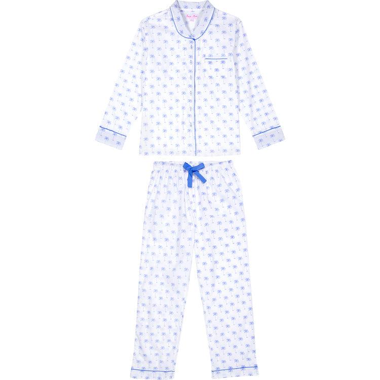 Women's Blue Palm Tree Long Pj Set