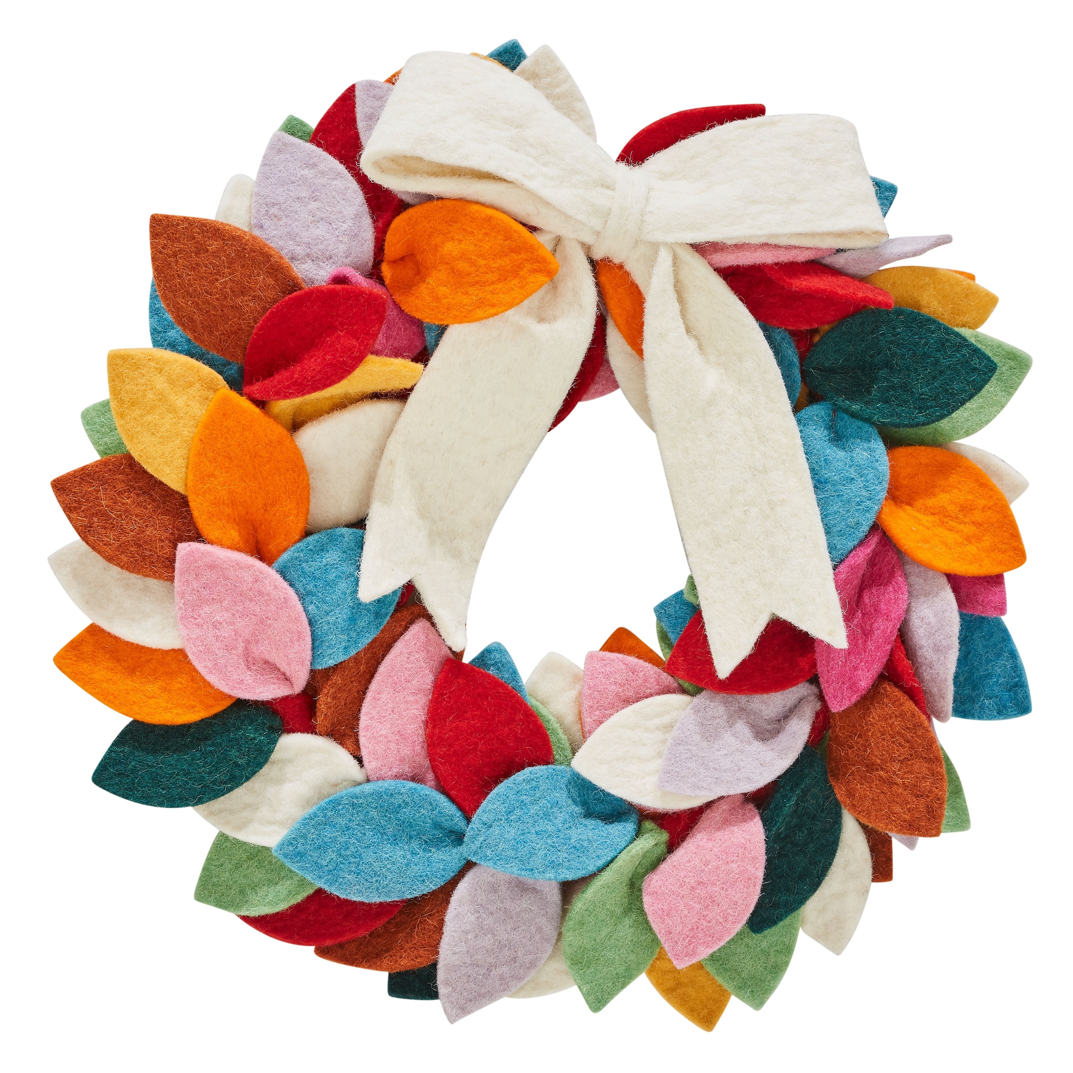 Multicolored Wreath With Cream Bow On Top Made Of Hand Felted Wool-12"