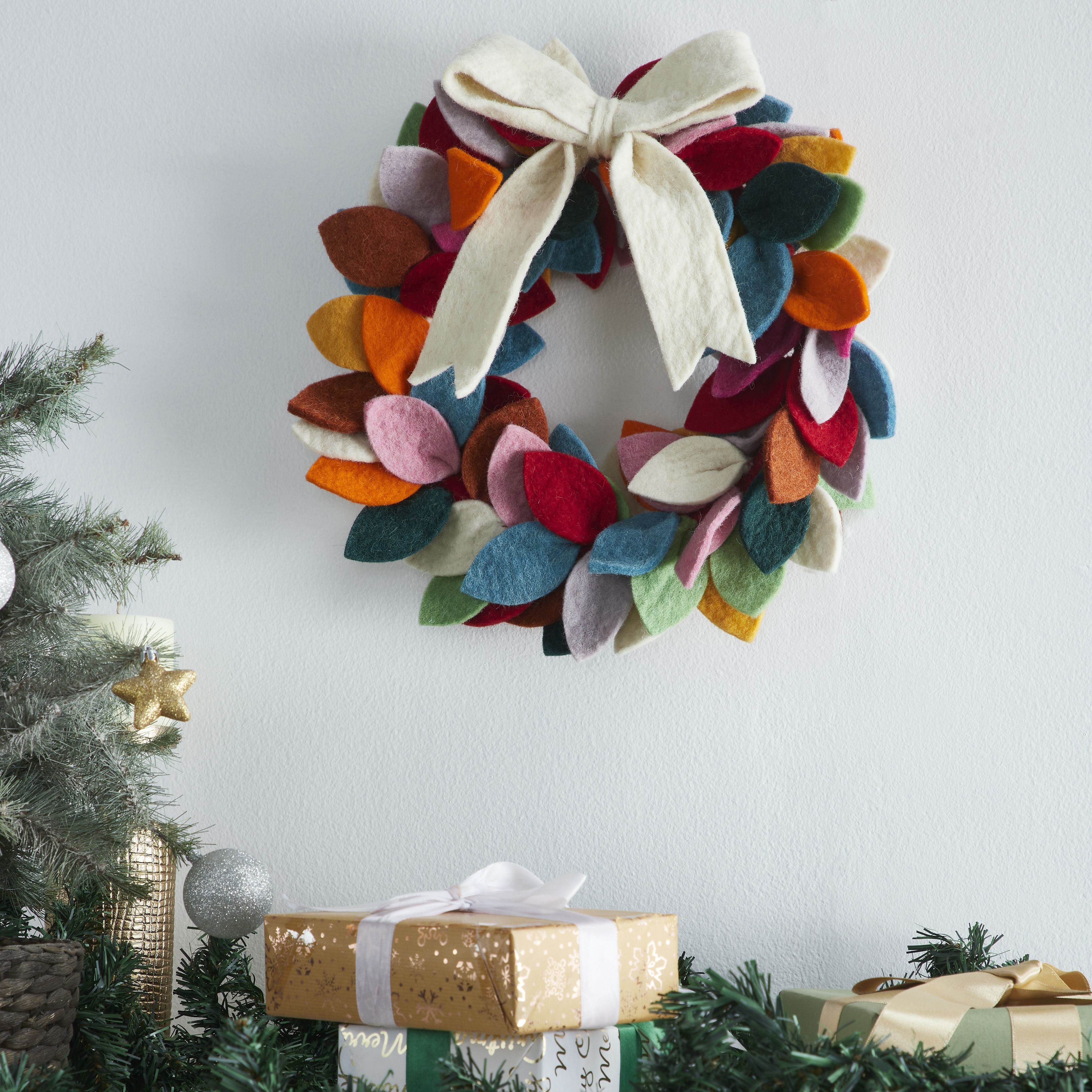 Multicolored Wreath With Cream Bow On Top Made Of Hand Felted Wool-12"