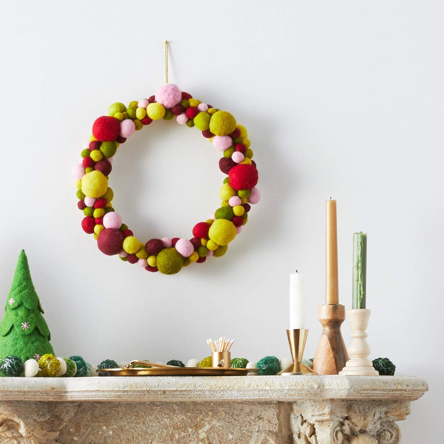 Handmade Hand Felted Wool Wreath - Multicolor Ball - 14"