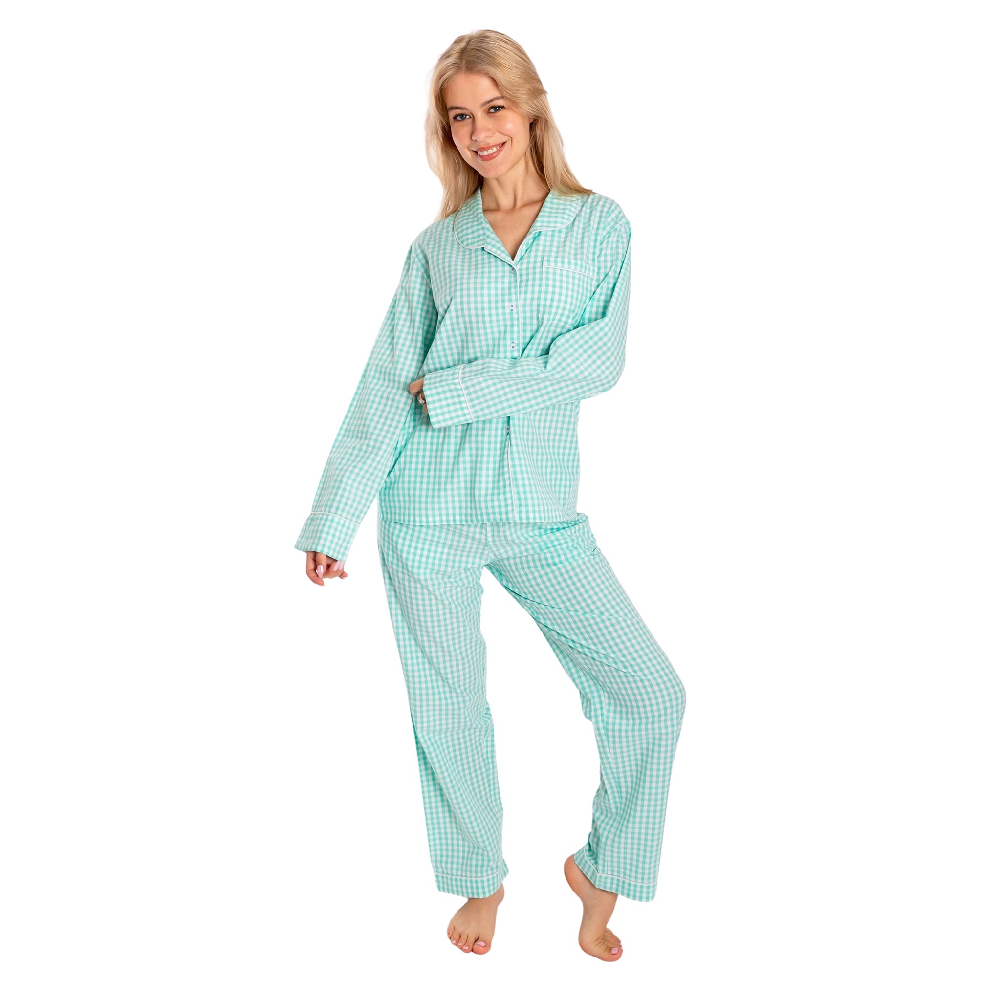 Women's Hepburn Gingham Mint Long Pj Set