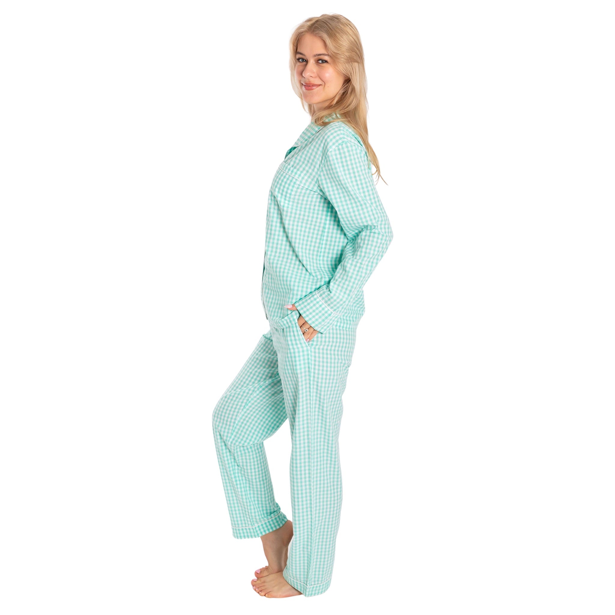 Women's Hepburn Gingham Mint Long Pj Set