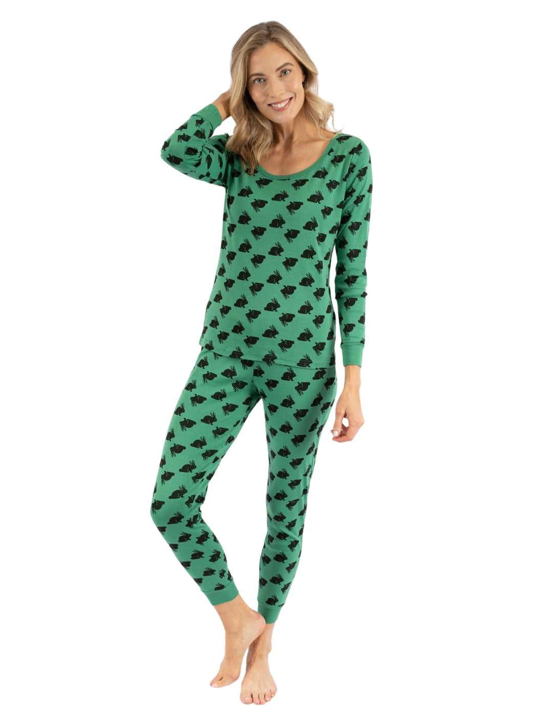 Women's Green Cotton Bunny Pajamas