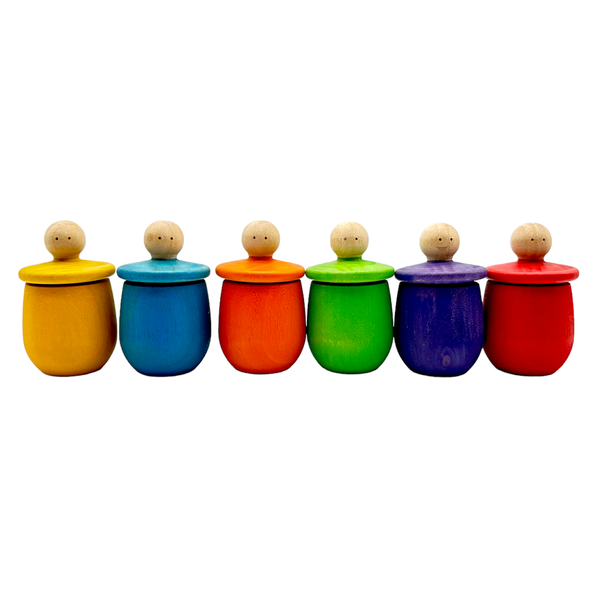 A Set Of 6 Stained Little Thing Wooden Treasure Box In Stained Primary Rainbow Colors