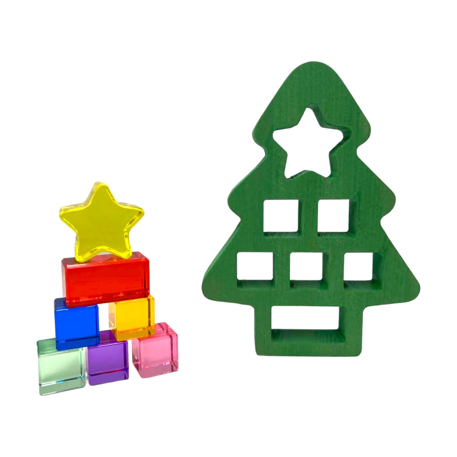 Wooden Christmas Tree With 7 Pcs Lucite Cubes Set