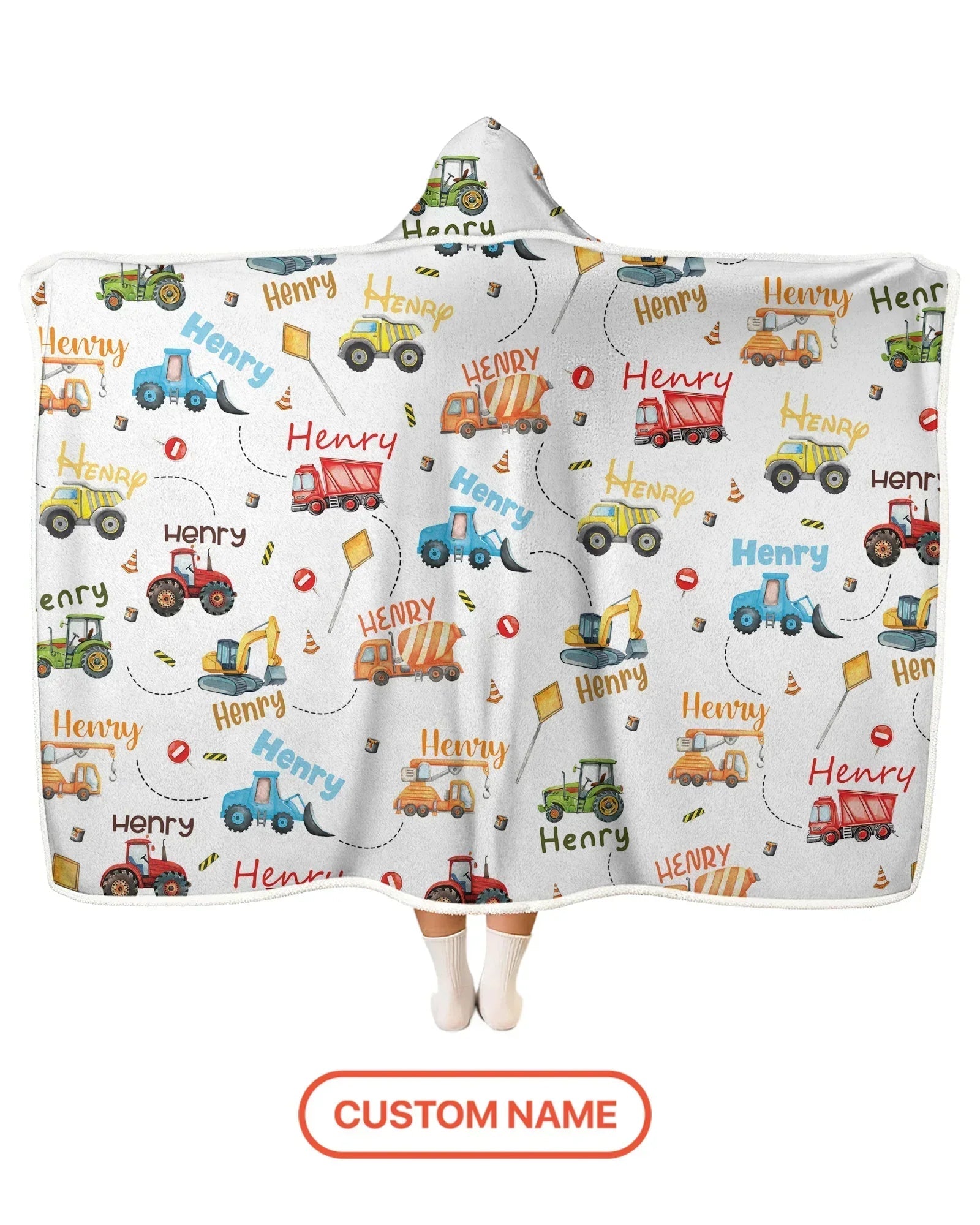 Construction Vehicles Custom Name Bamboo Wearable Hooded Blanket