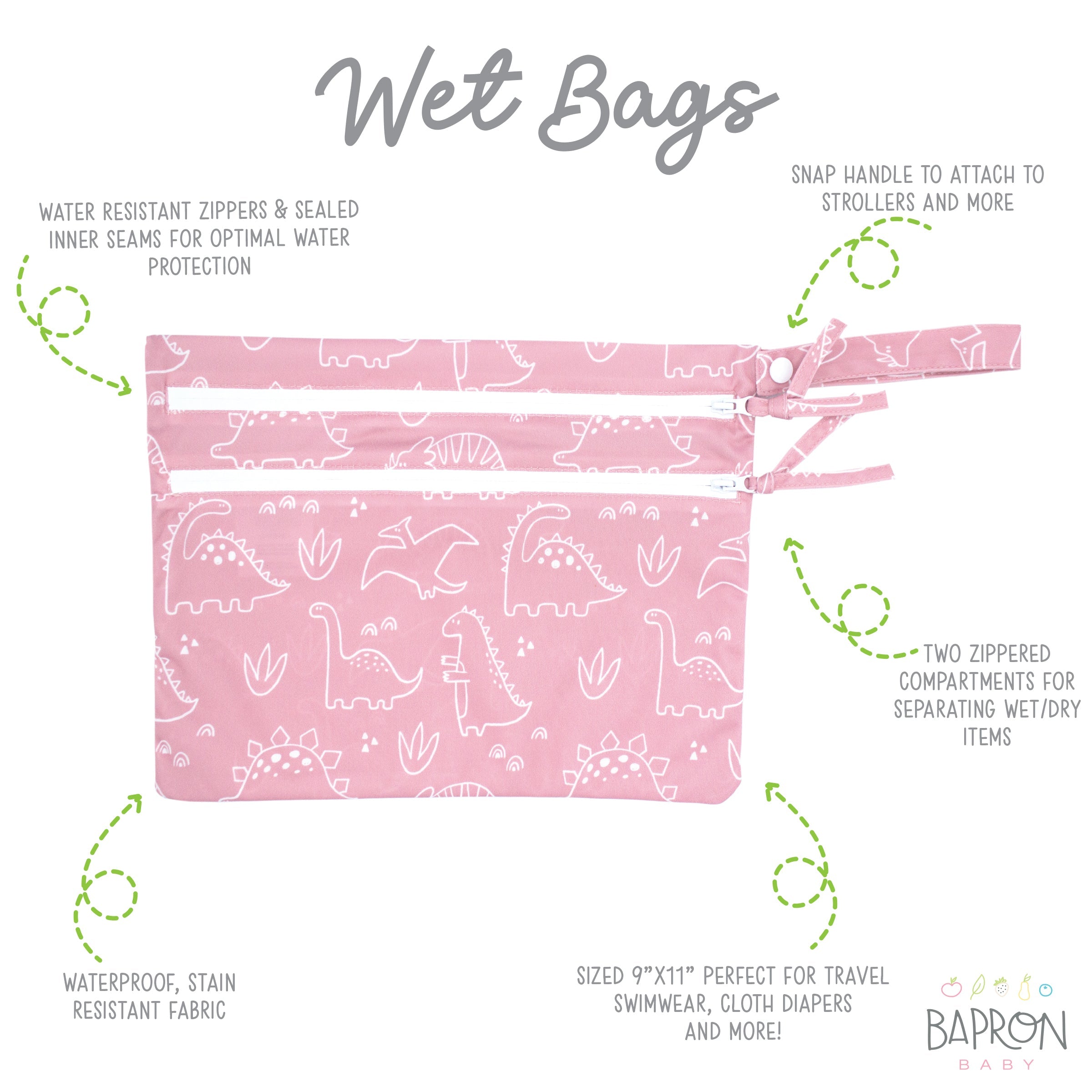 Dino Friends - Blush - Waterproof Wet Bag (for Mealtime, On-the-go, And More!)