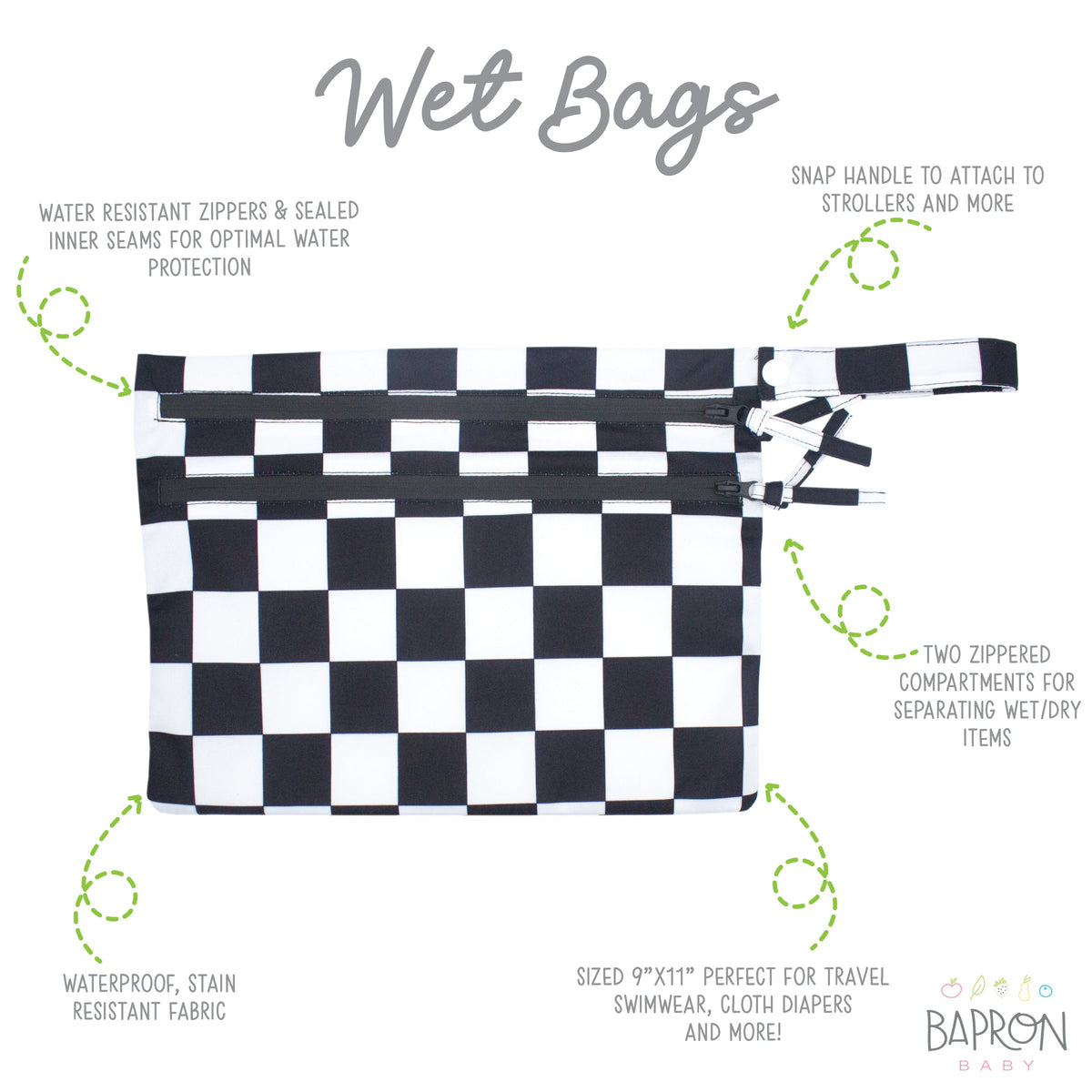 Black Checkerboard - Waterproof Wet Bag (for Mealtime, On-the-go, And More!)