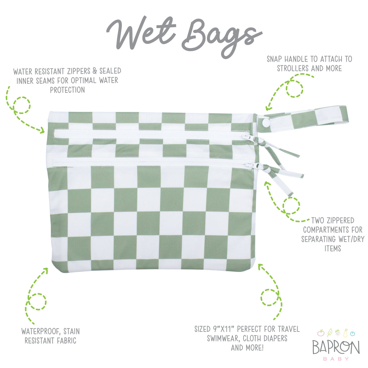 Sage Checkerboard - Waterproof Wet Bag (for Mealtime, On-the-go, And More!)