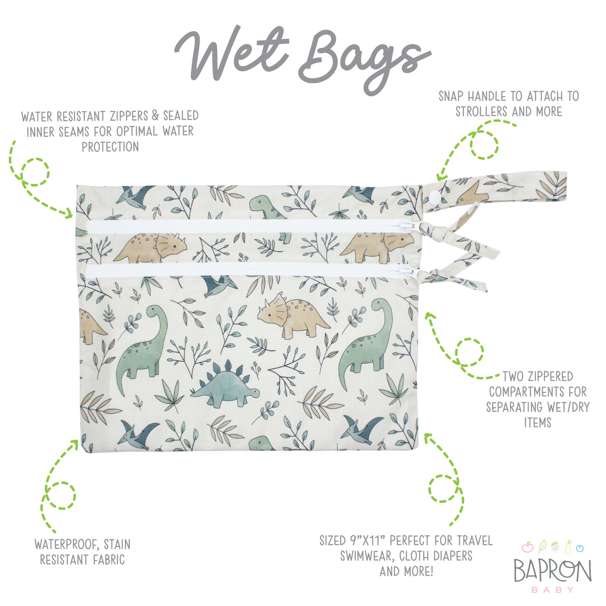 Foliage Dinos - Waterproof Wet Bag (for Mealtime, On-the-go, And More!)