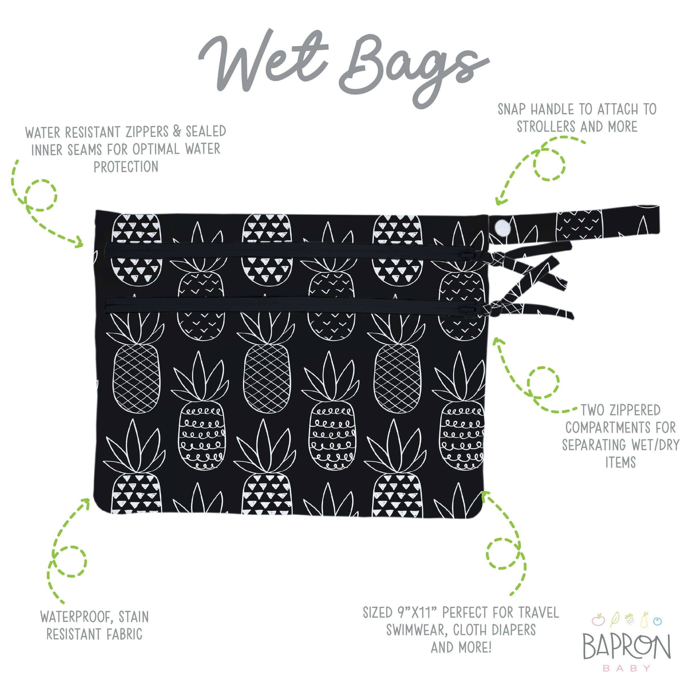 Pineapple Monochrome - Waterproof Wet Bag (for Mealtime, On-the-go, And More!)