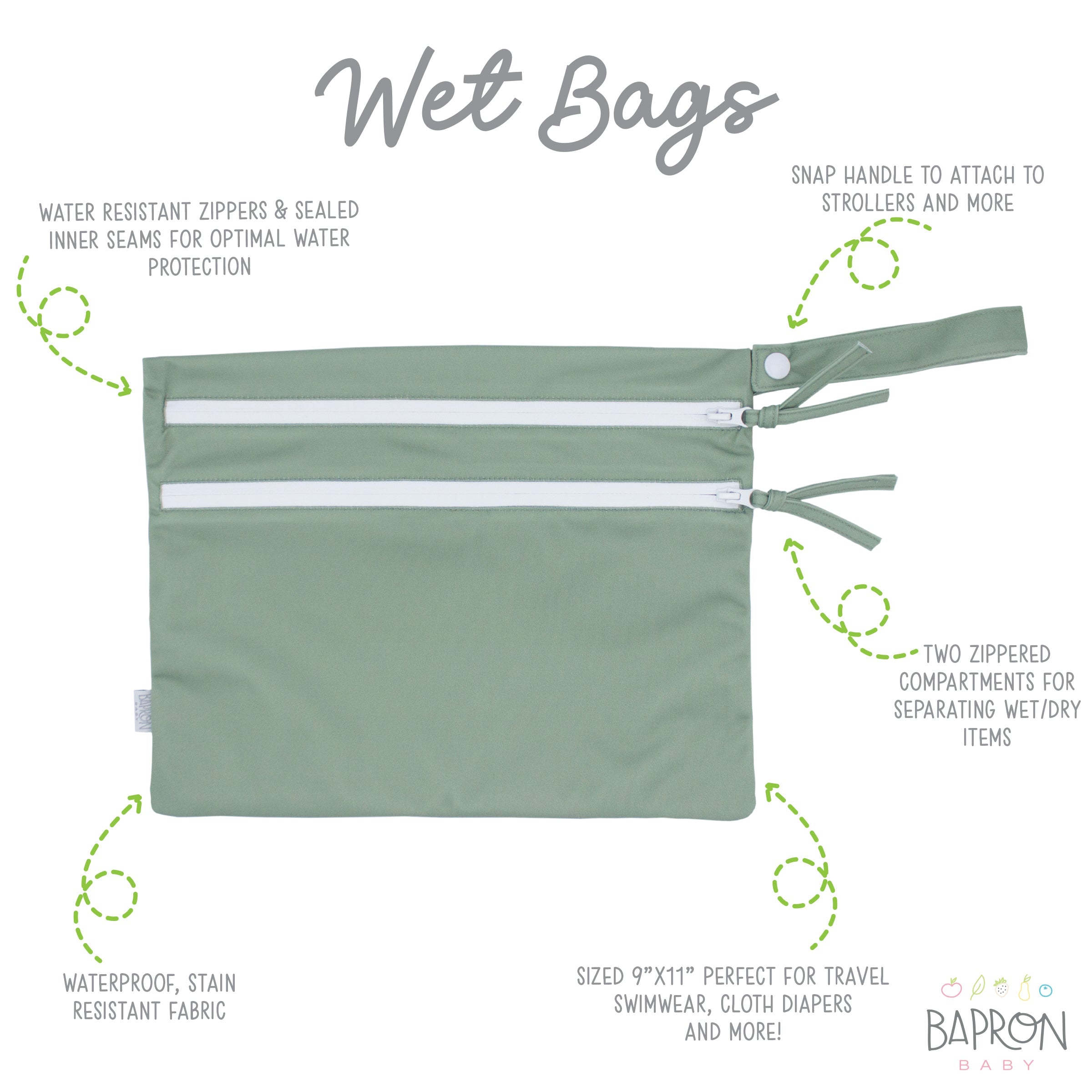 Solid Sage Minimalist - Waterproof Wet Bag (for Mealtime, On-the-go, And More!)