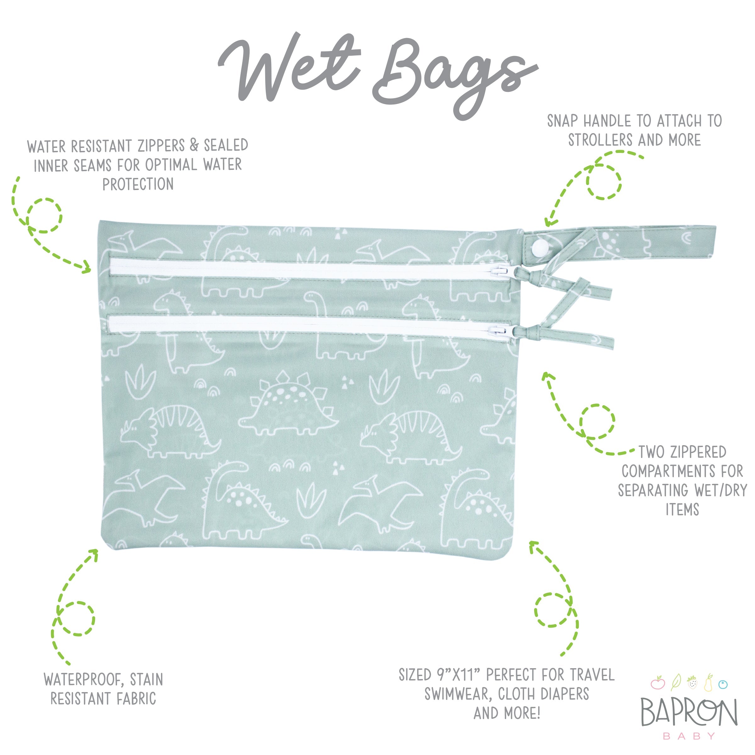 Dino Friends - Sage - Waterproof Wet Bag (for Mealtime, On-the-go, And More!)