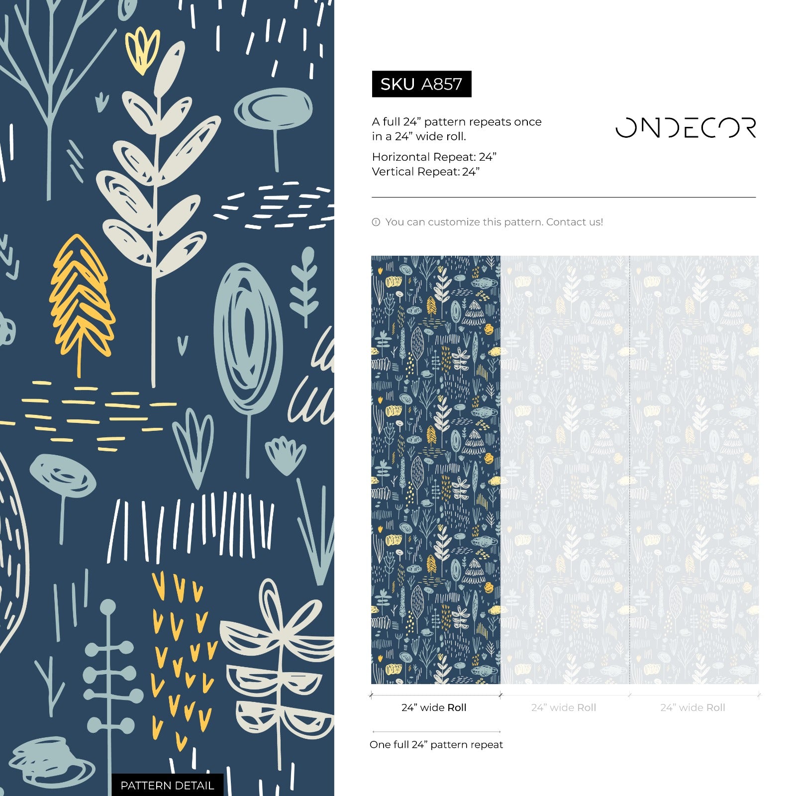 Scandinavian Wallpaper With A Folk Art Forest Motif In Blue And Yellow - A857