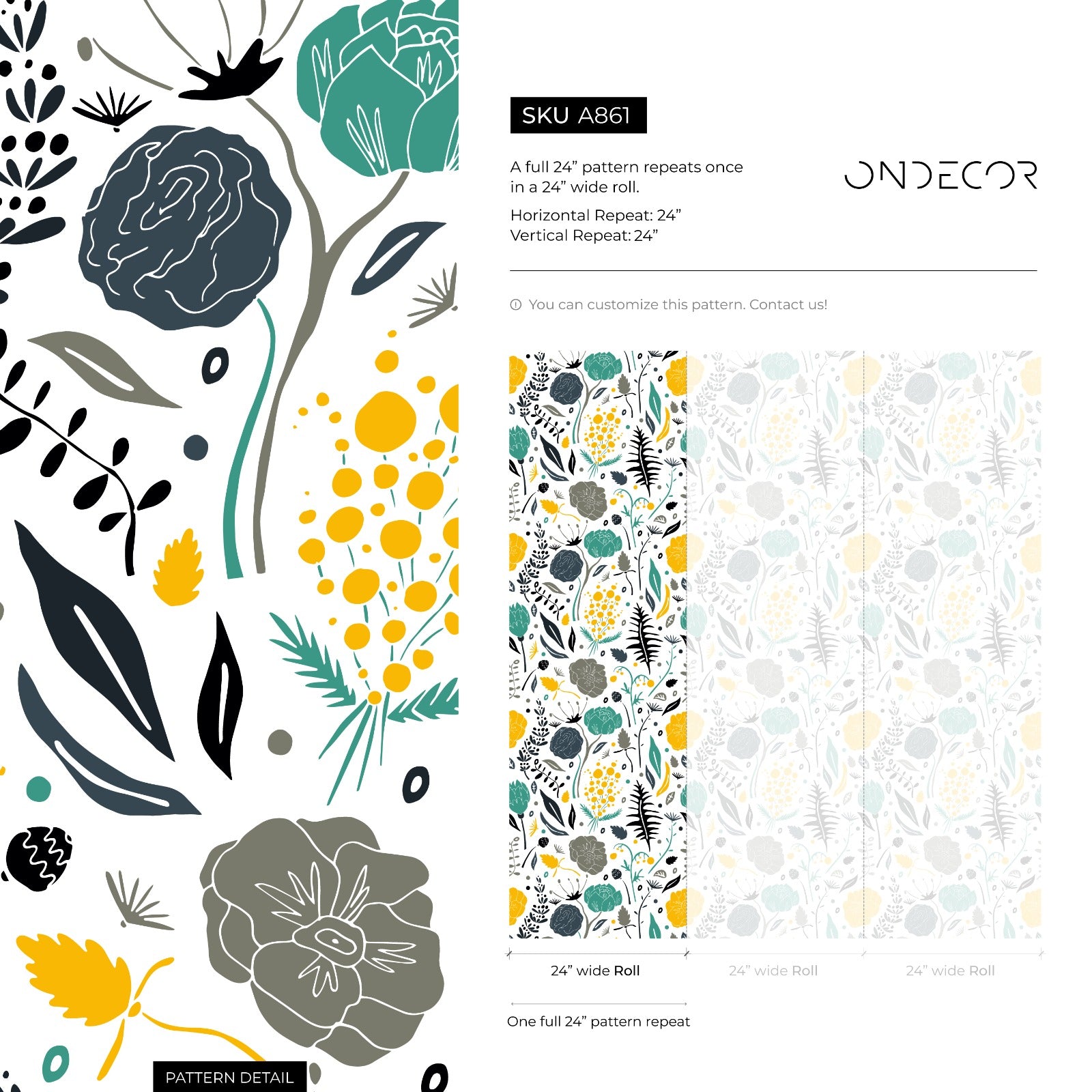 Scandinavian Wallpaper With Stylized Flowers In Yellow, Teal, And Gray - A861