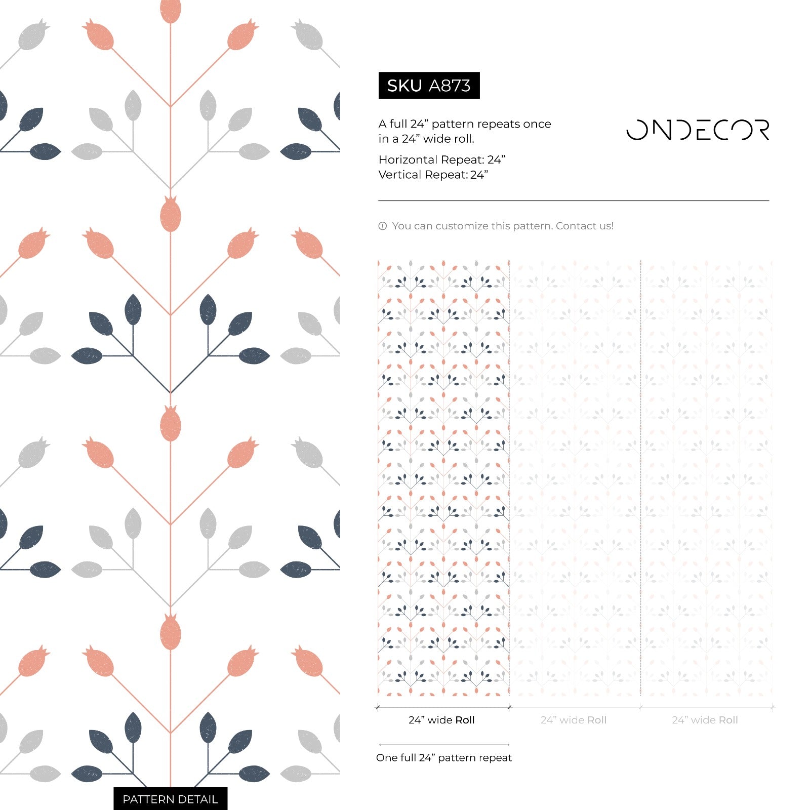Scandinavian Wallpaper With A Geometric Floral Motif In Coral, Blue, And Gray - A873