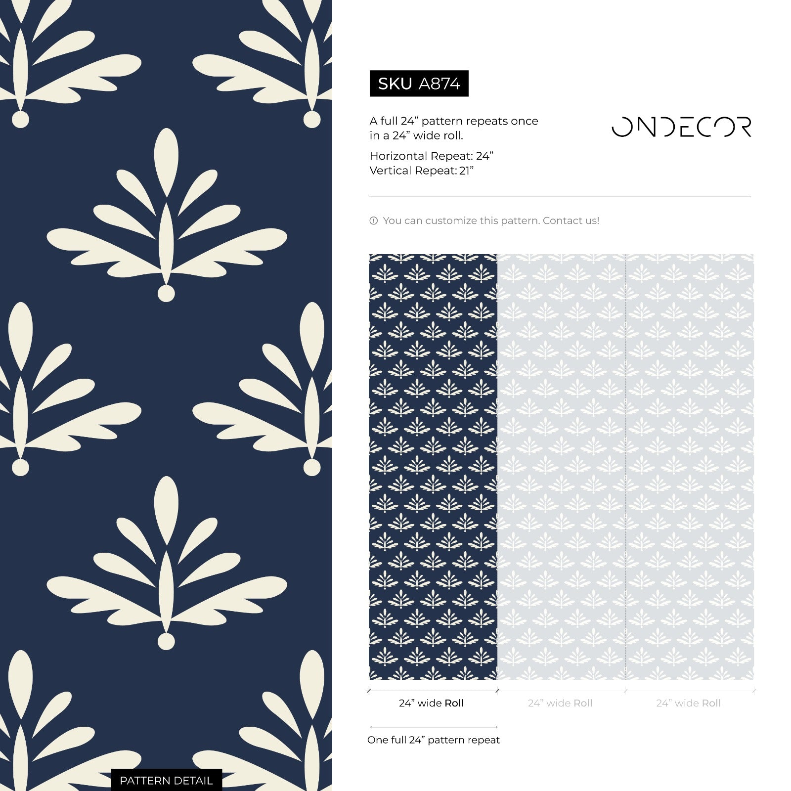 Botanical Wallpaper With A Stylized Foliage Motif In Navy Blue And Cream - A874