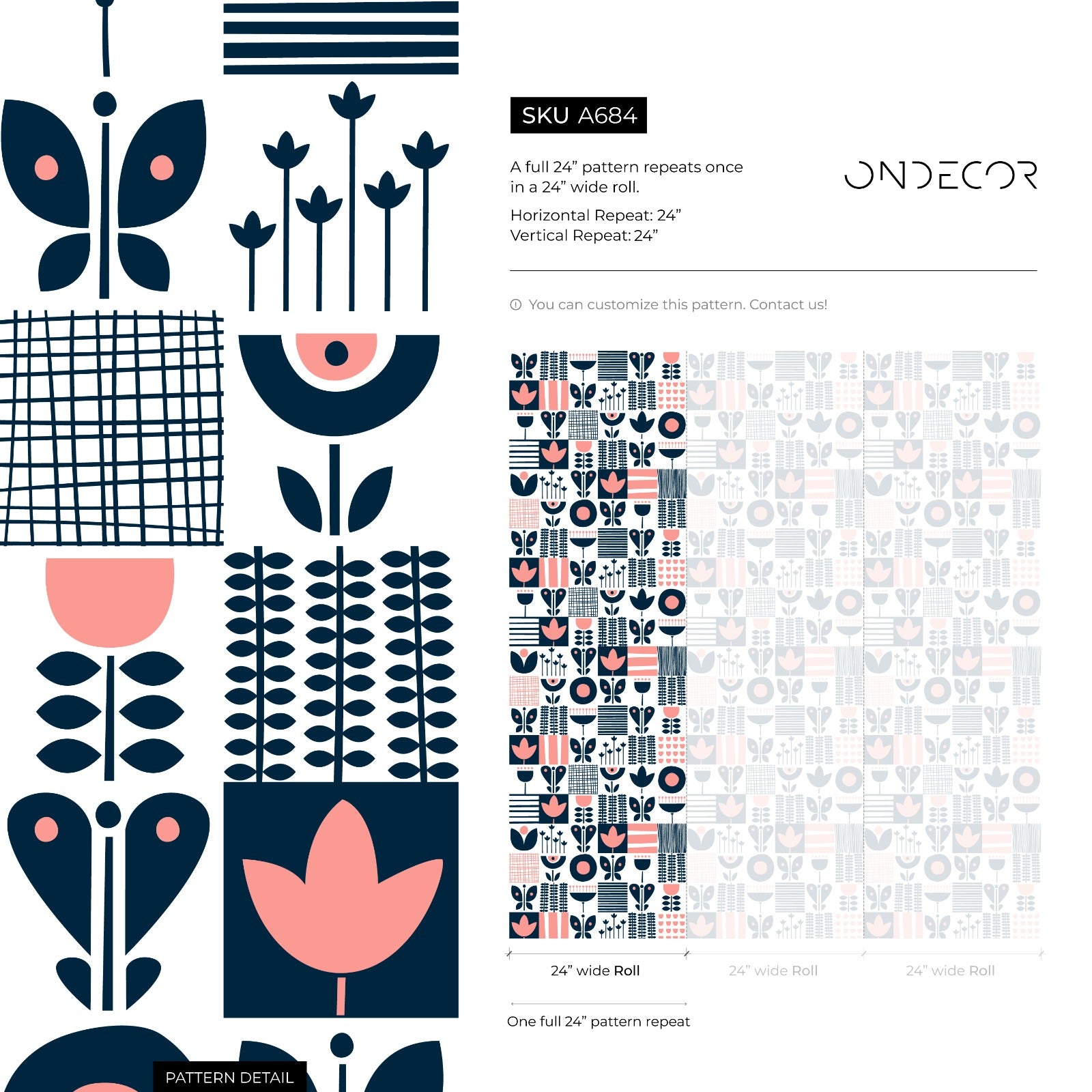 Scandinavian Wallpaper With A Folk Art Patchwork In Navy Blue And Pink - A684