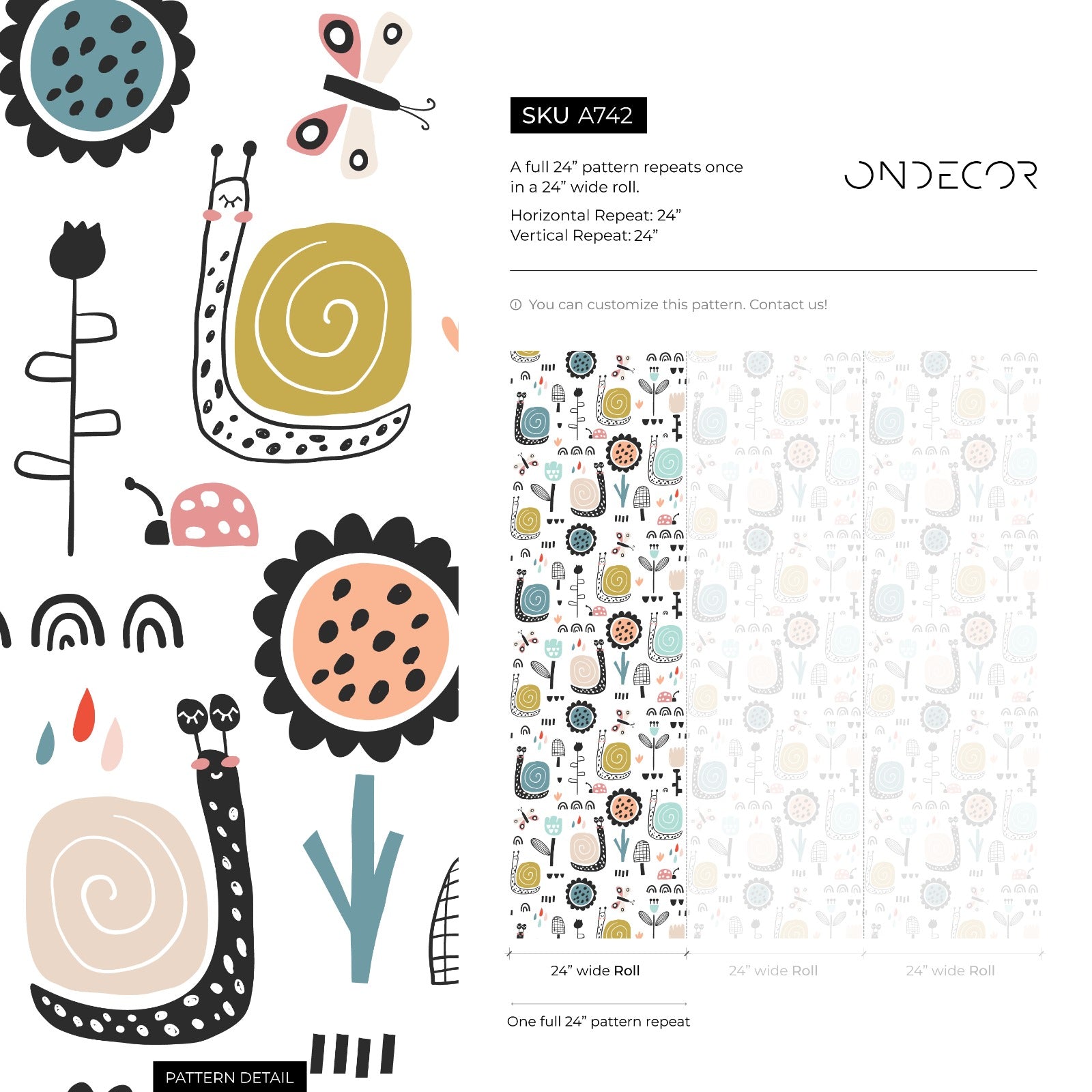 Kids Wallpaper With Whimsical Snails And Florals In Blue, Gold, And Pink - A742