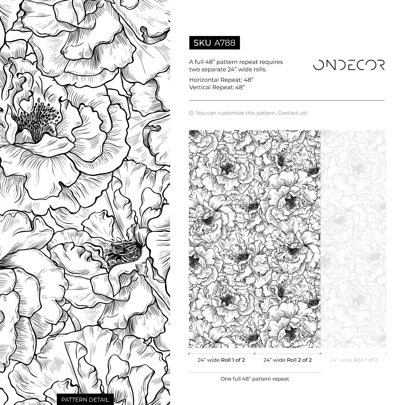 Floral Wallpaper With Hand-drawn Peonies In Black And White - A788