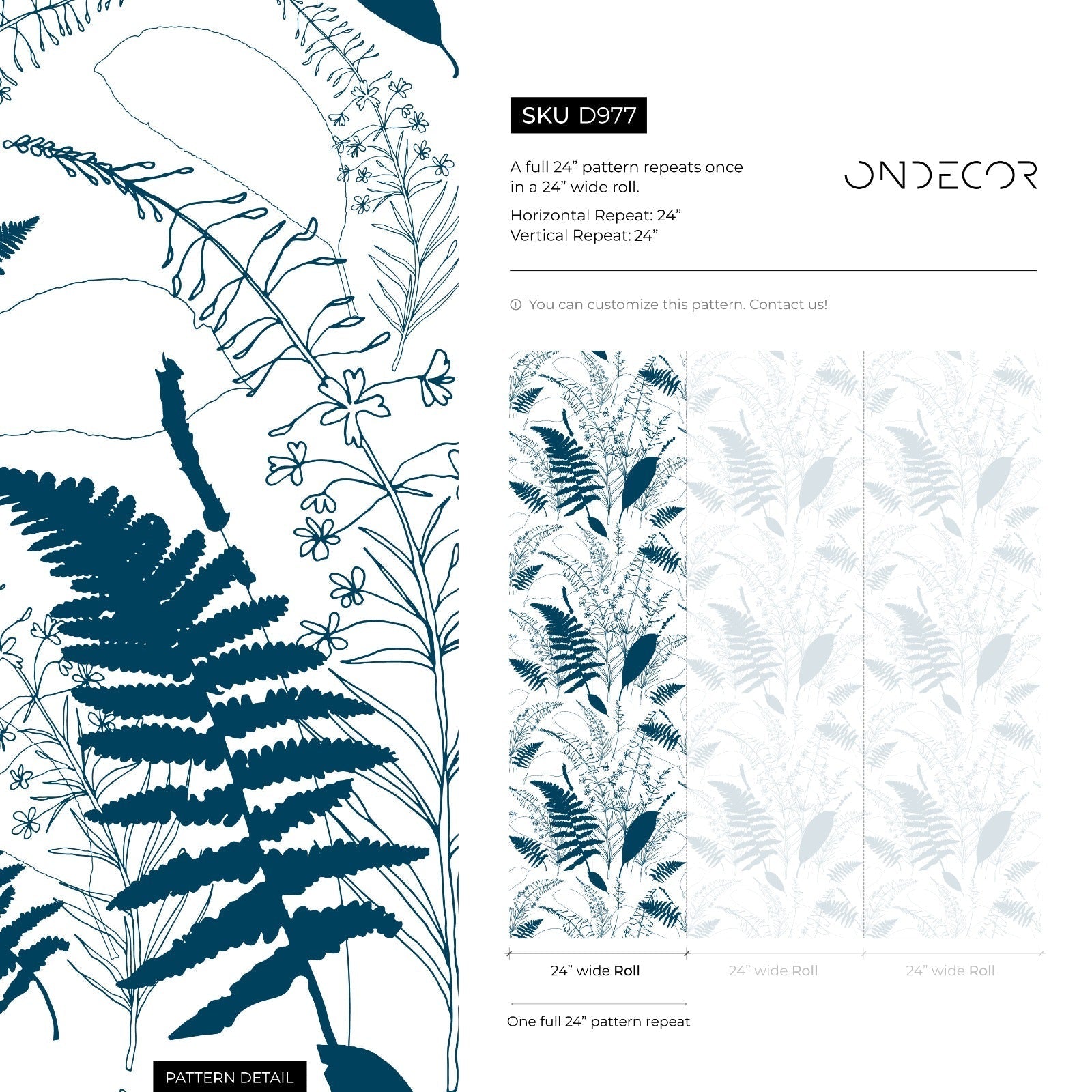Scandinavian Wallpaper With A Wildflower And Fern Motif In Navy Blue - D977