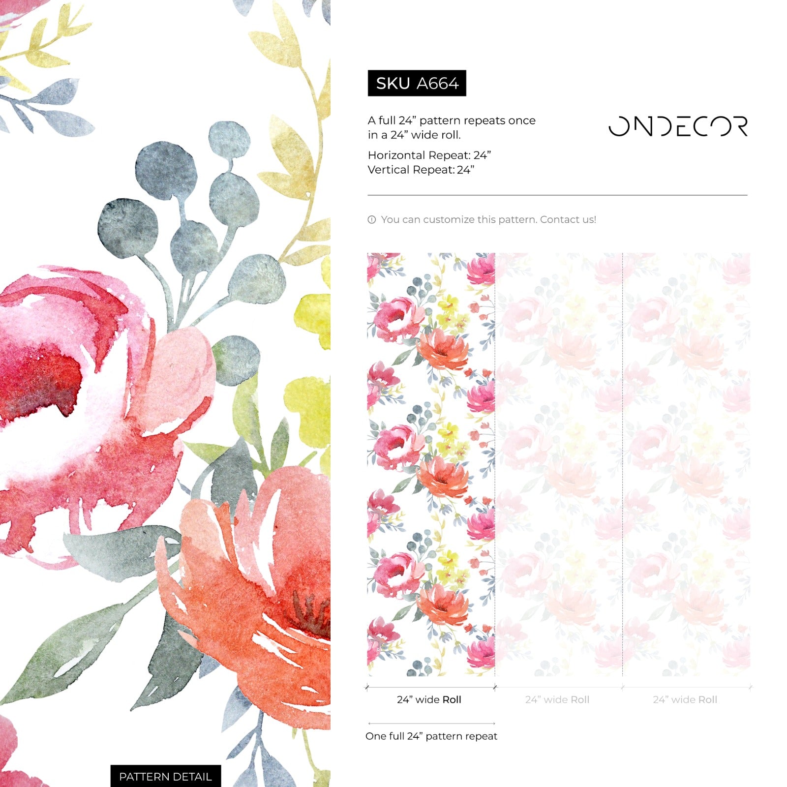 Floral Wallpaper With A Watercolor Peony Motif In Pink, Orange, And Blue - A664