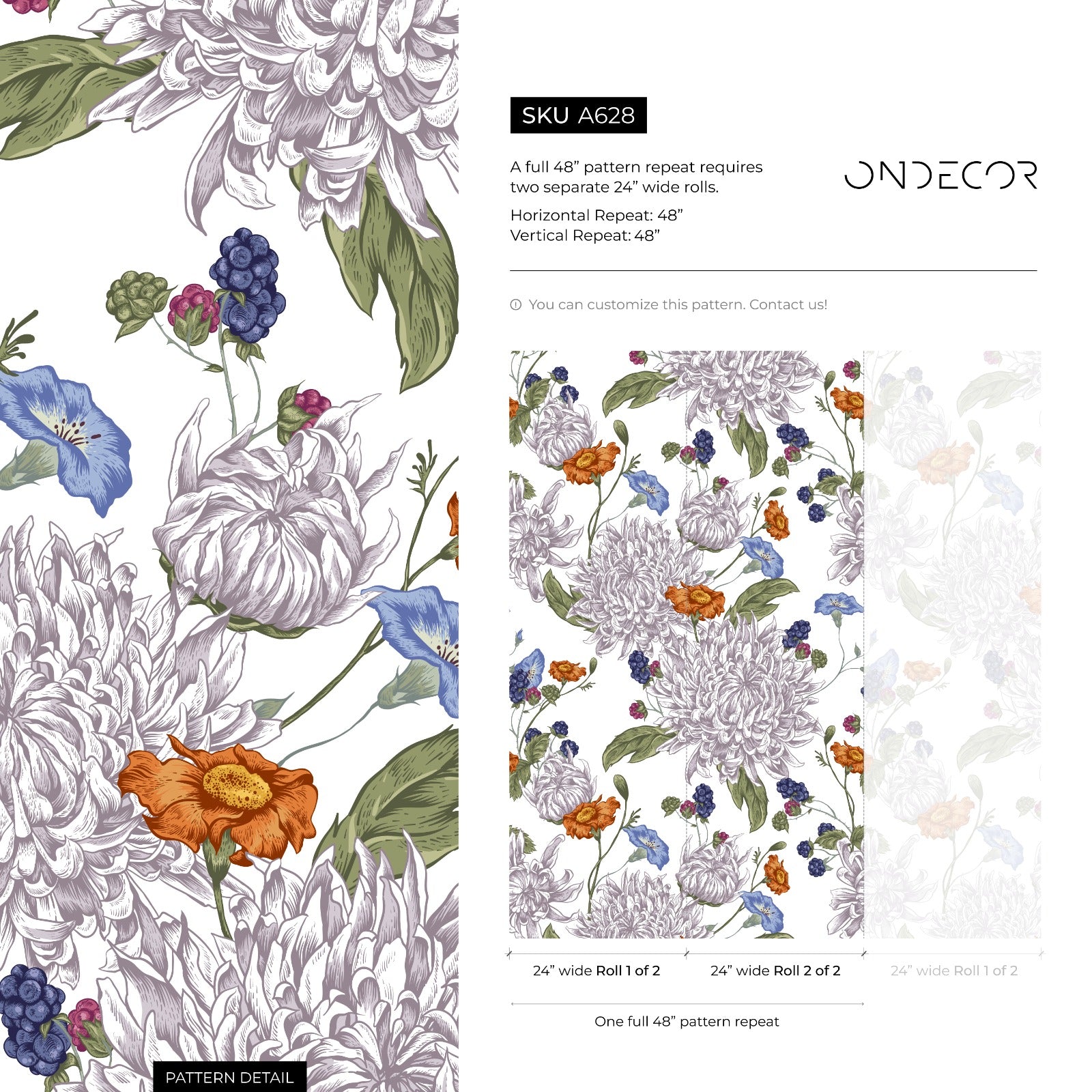 Floral Wallpaper With Vintage Chrysanthemums In Purple, Orange, And Blue - A628