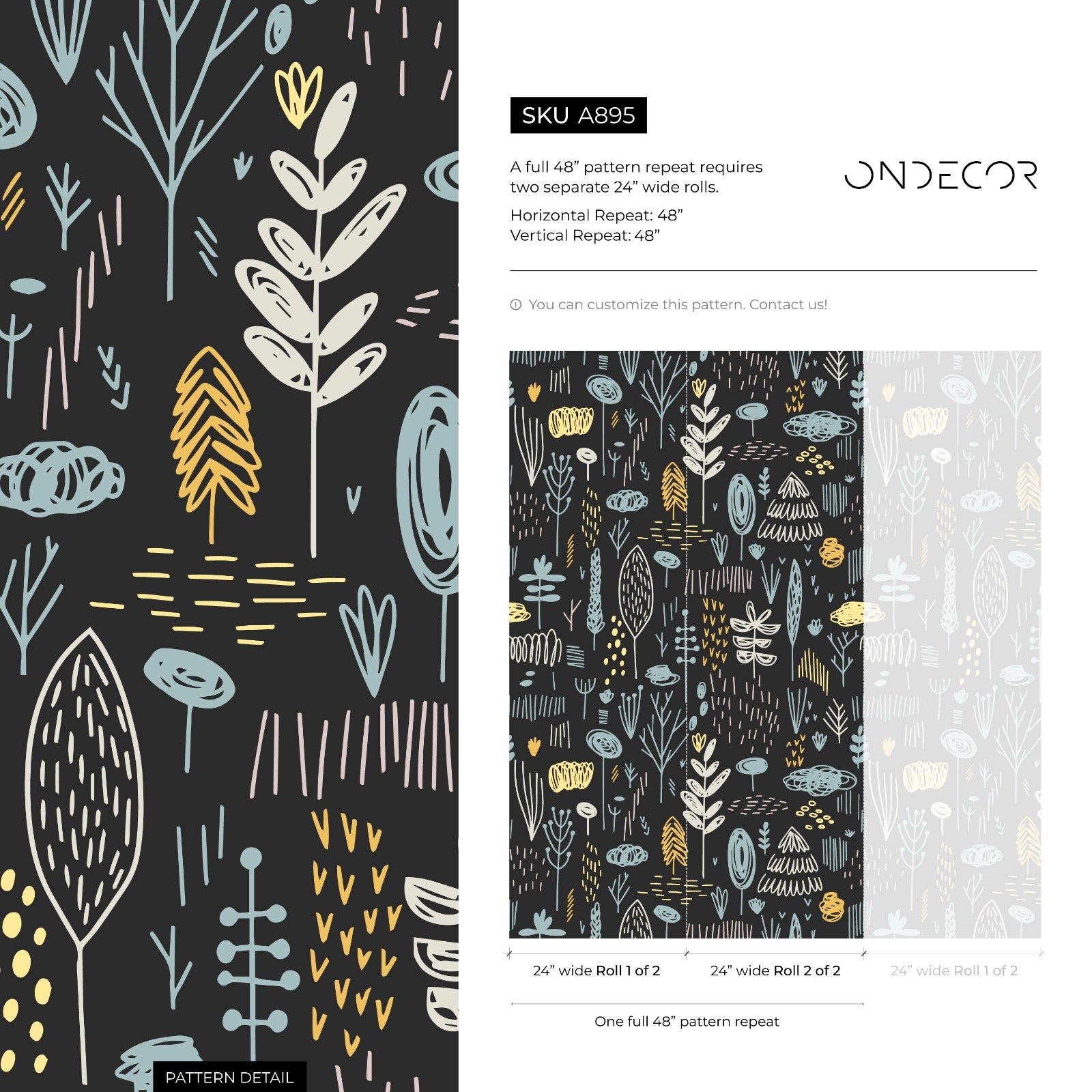 Scandinavian Wallpaper With A Nordic Woodland Motif In Black, Blue, And Yellow - A895