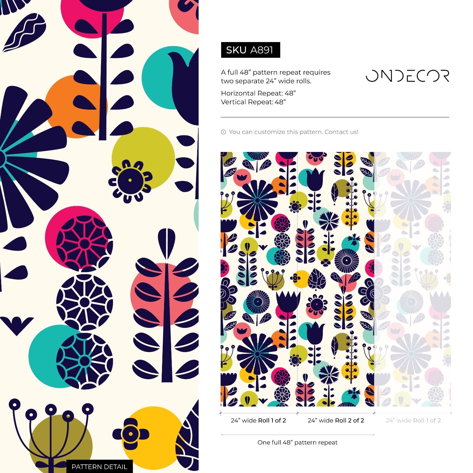 Scandinavian Floral Wallpaper With Bold Geometric Blooms In Navy Blue, Teal, And Yellow - A891