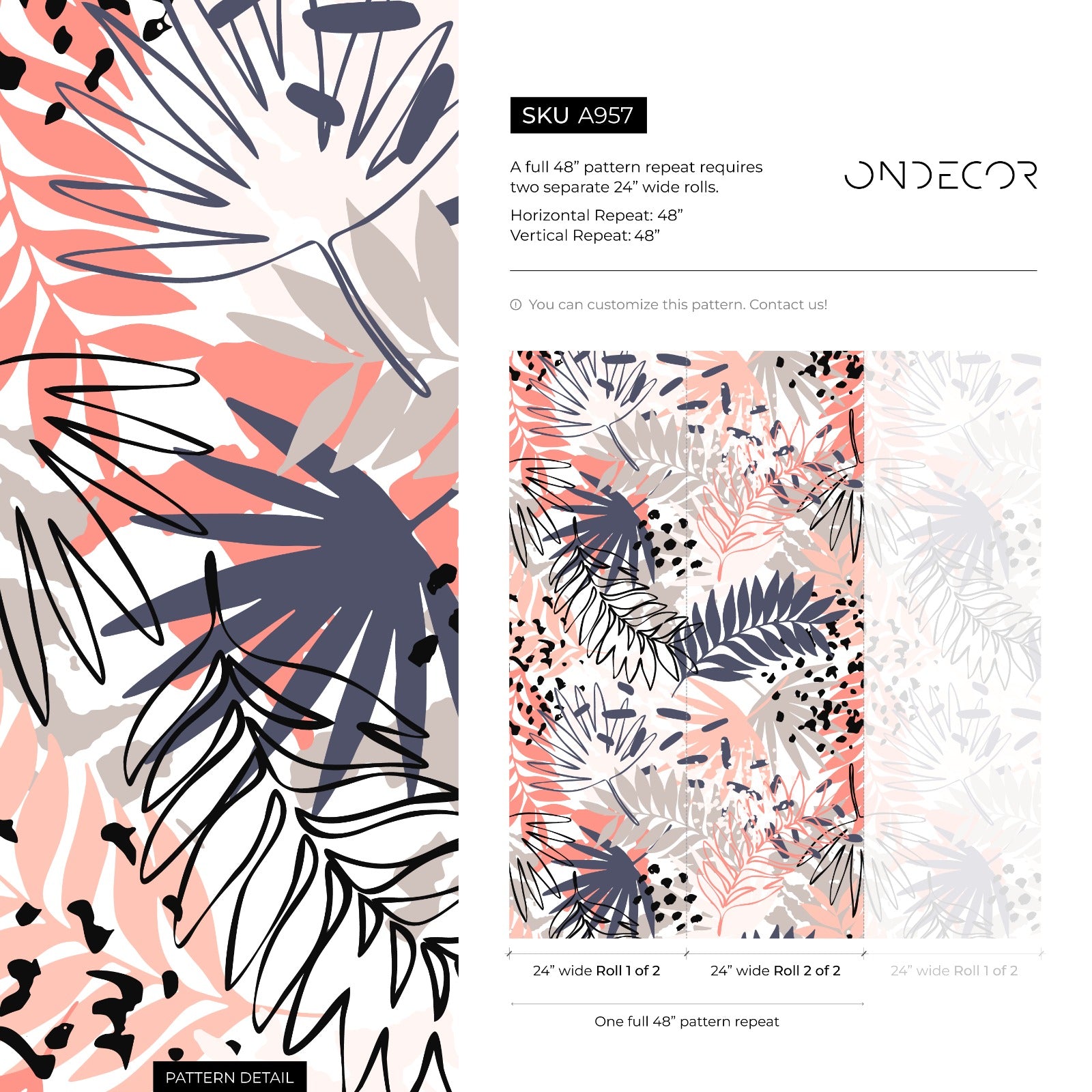 Abstract Botanical Wallpaper With Palm Leaves In Coral, Blue, And Taupe - A957