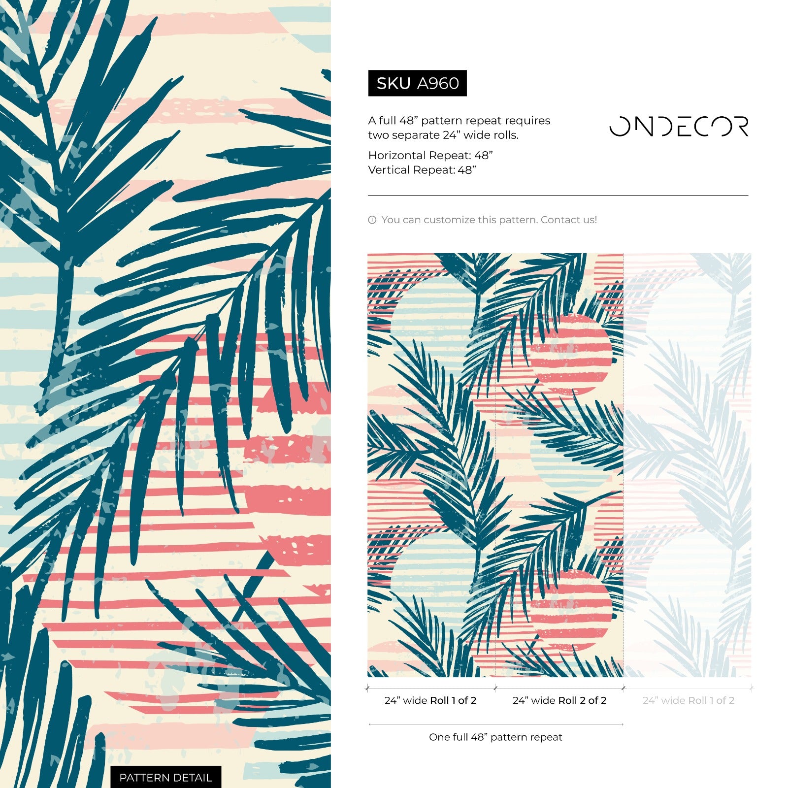 Tropical Wallpaper With Abstract Palm Leaves In Teal, Coral, And Blue - A960