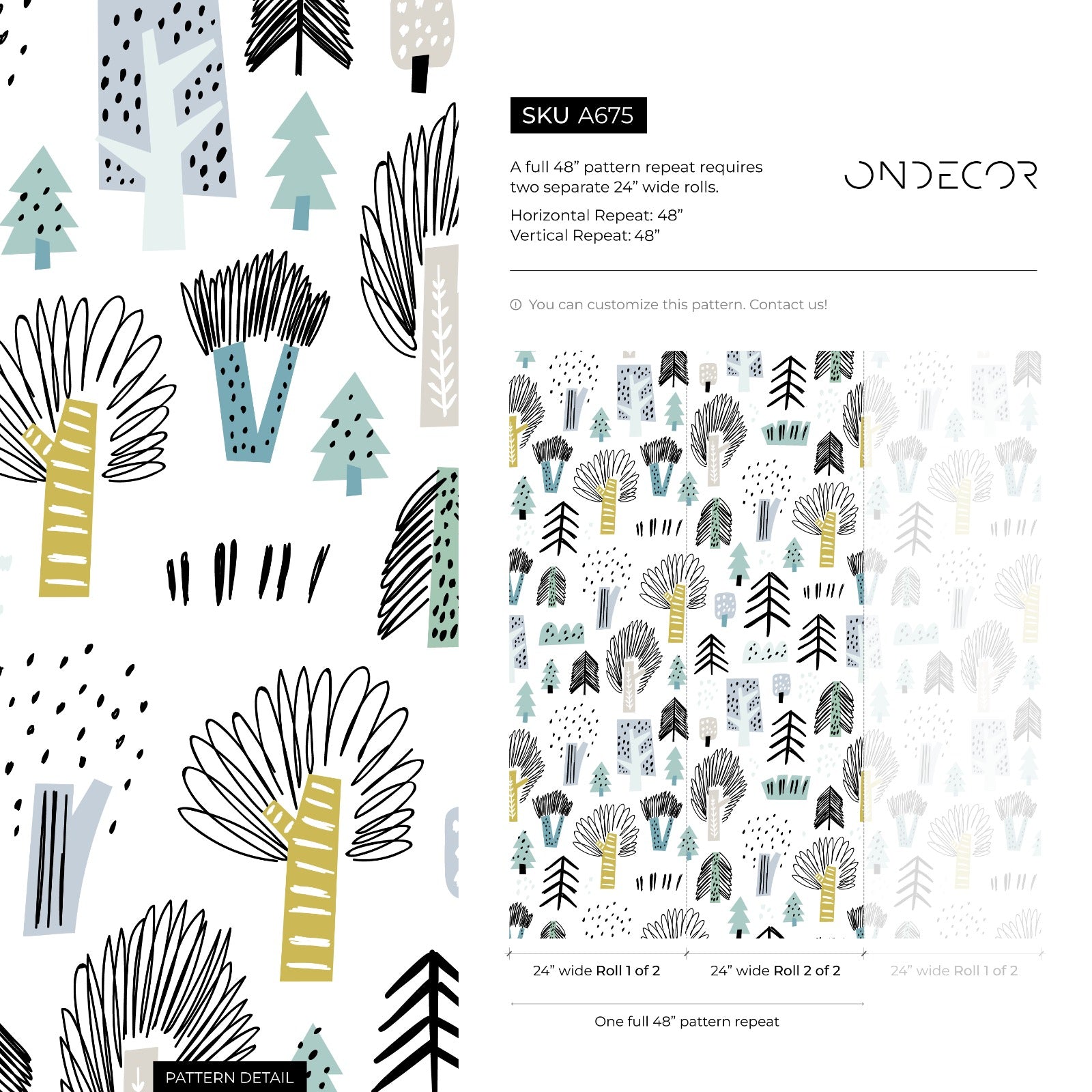Woodland Wallpaper With A Scandinavian Forest Motif In Blue, Green, And Black - A675
