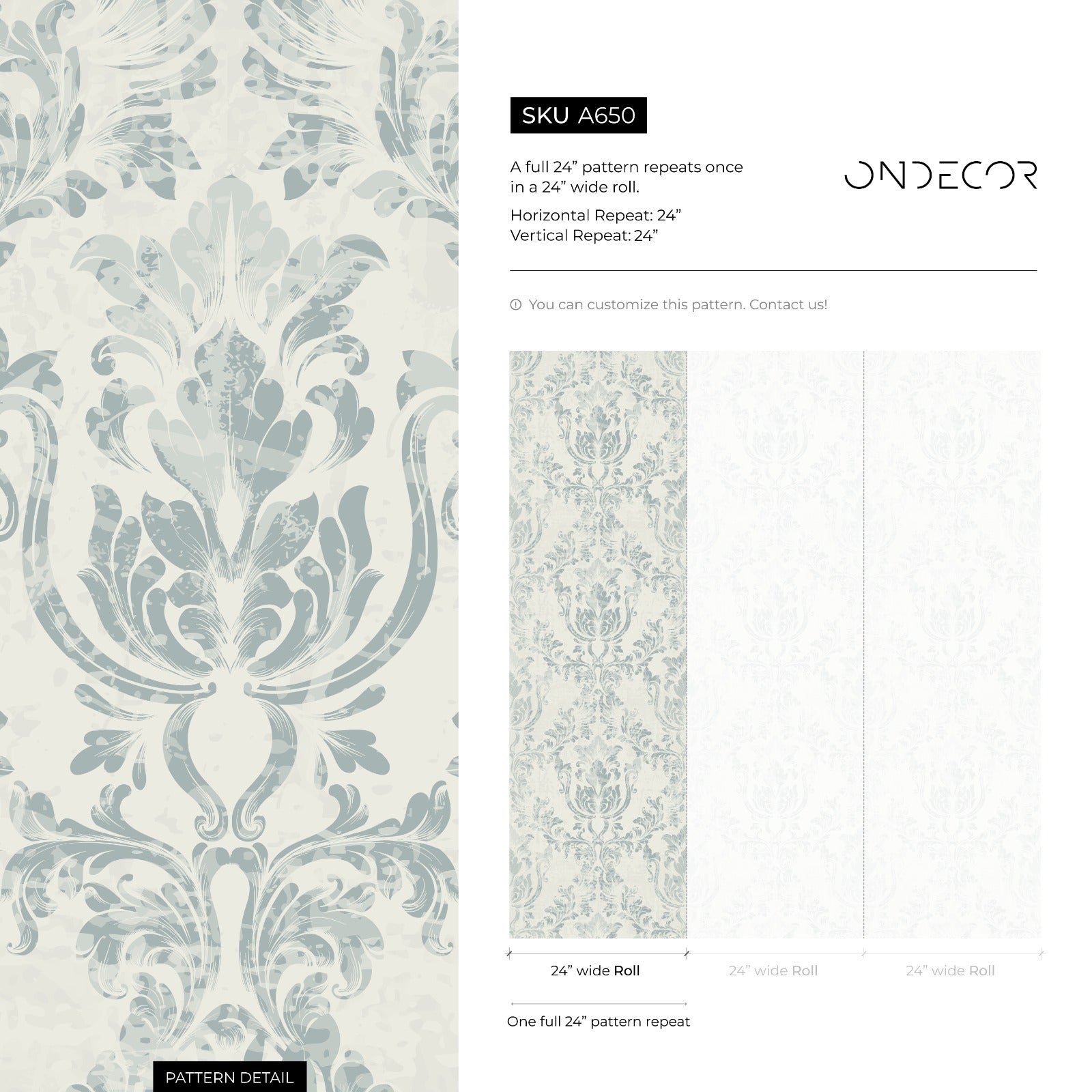 Damask Wallpaper With A Distressed Motif In Blue And Cream - A650
