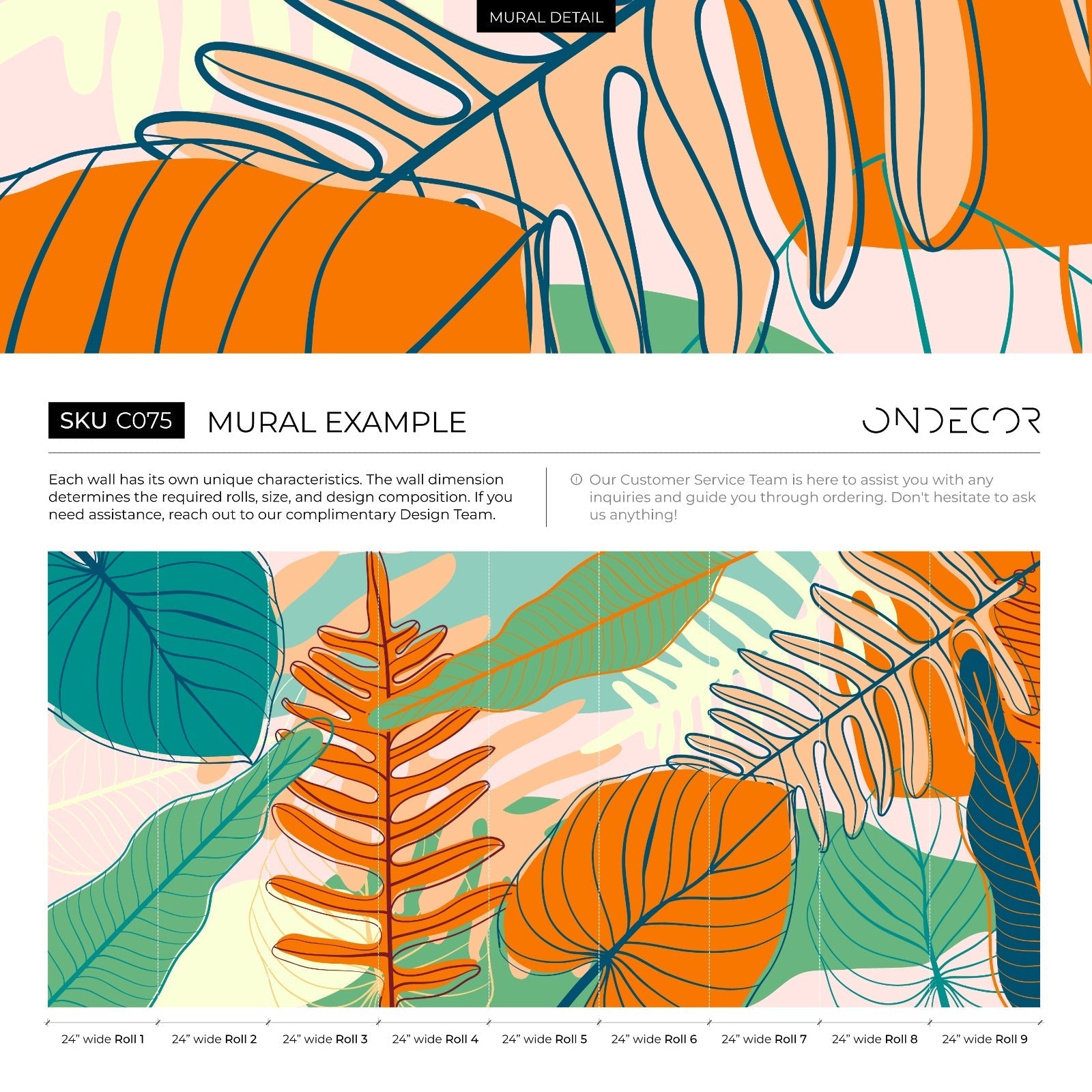 Tropical Wallpaper With Stylized Leaves In Orange, Green, And Teal - C075