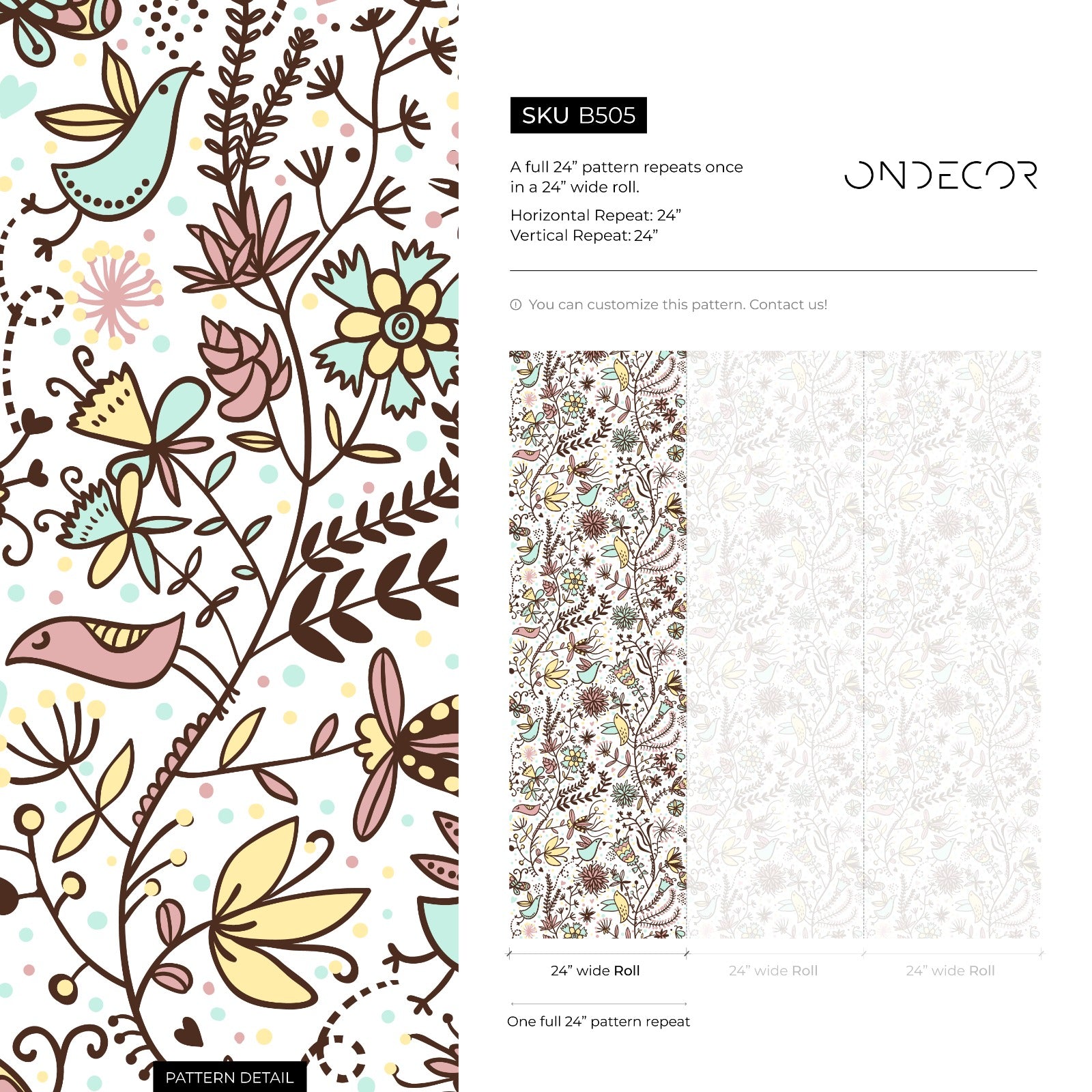 Folk Art Wallpaper With Whimsical Birds And Flowers In Brown, Pink, And Blue - B505