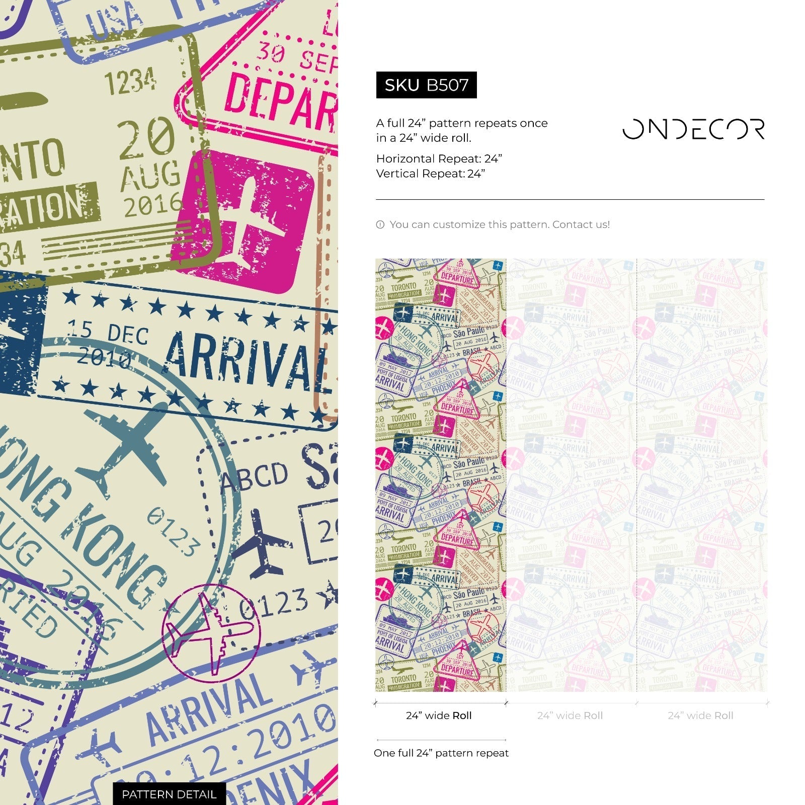 Travel Wallpaper With A Collage Of Passport Stamps In Magenta, Blue, And Green - B507