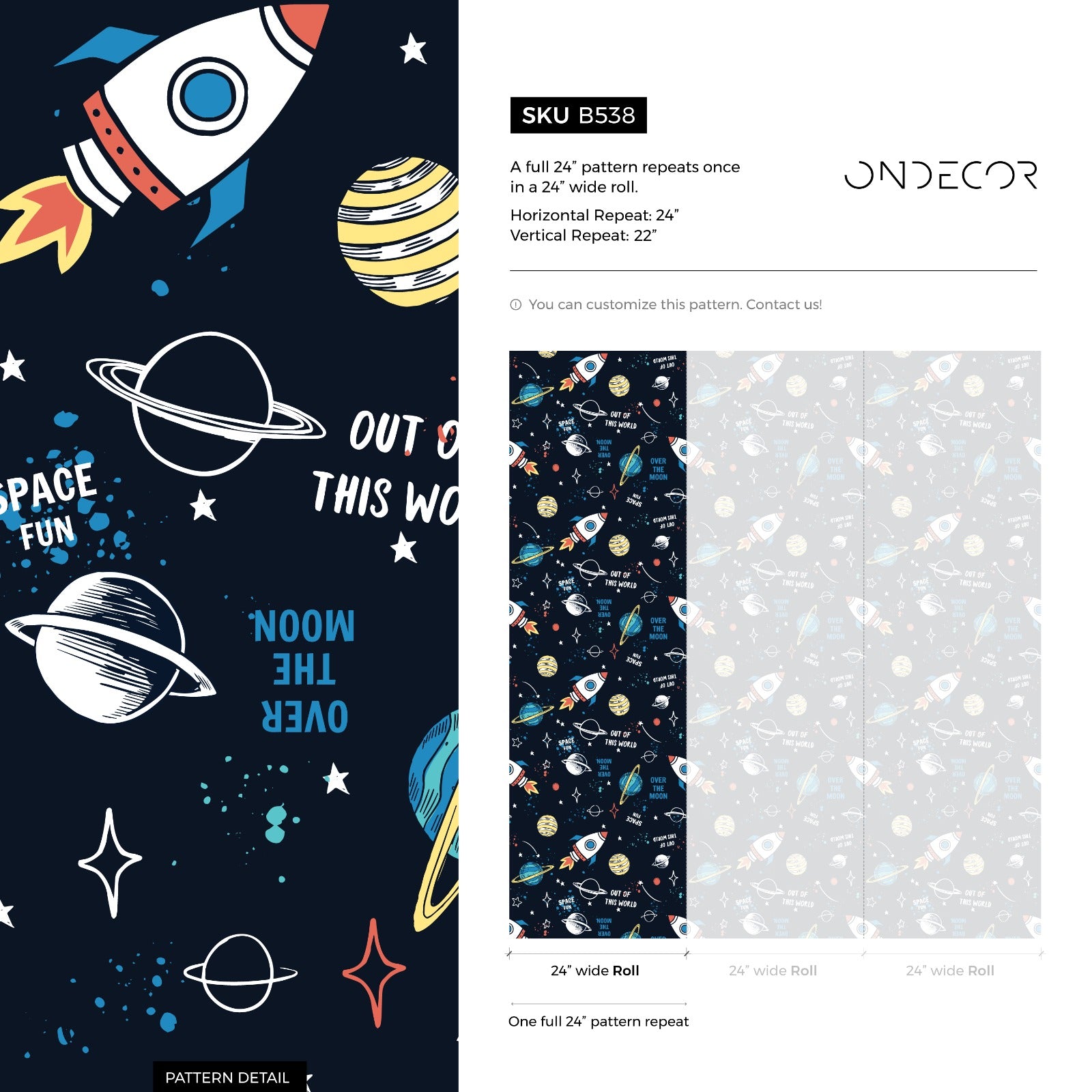 Space Wallpaper With Cartoon Rockets And Planets In Navy Blue, Red, And Yellow - B538