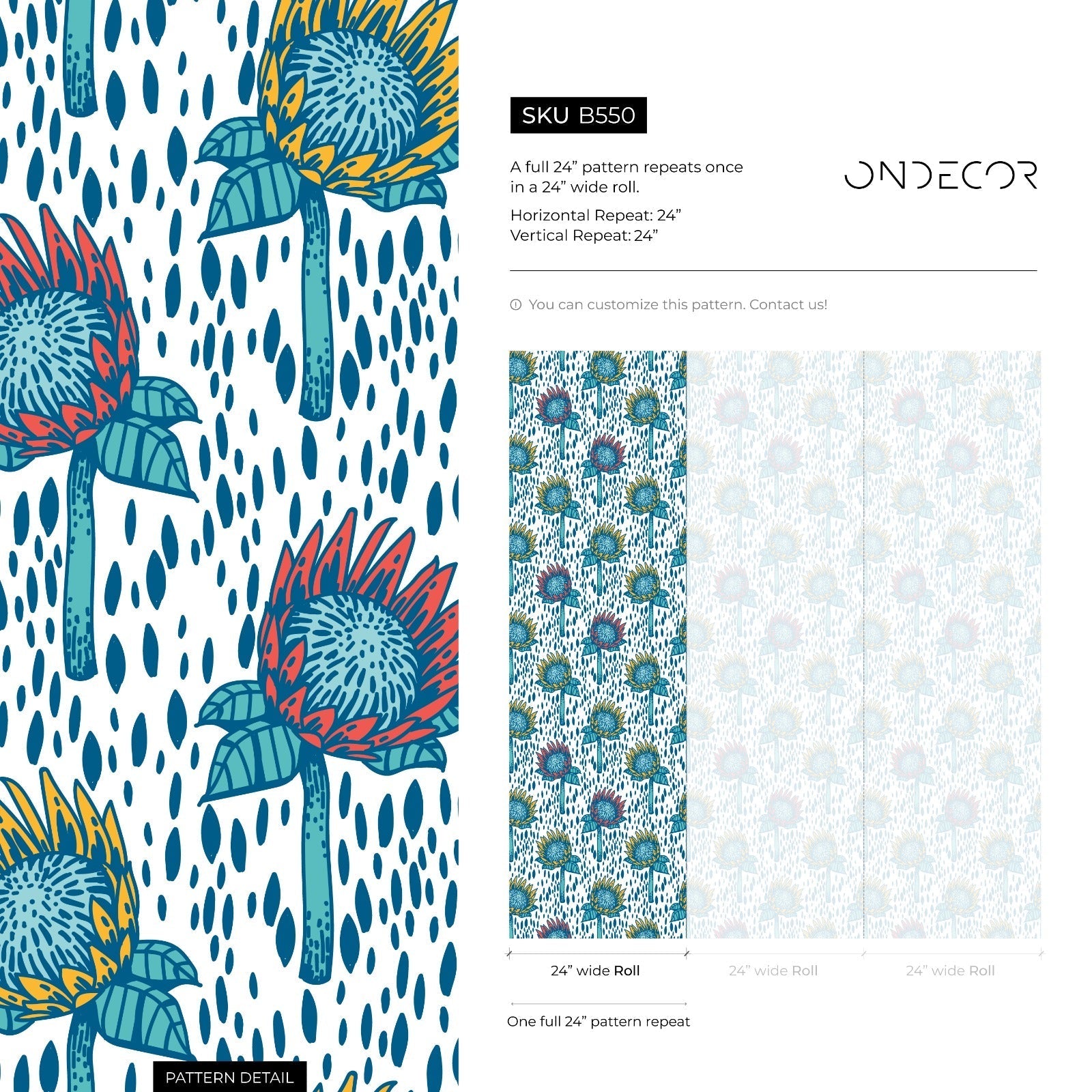 Botanical Wallpaper With Stylized Protea Flowers In Blue, Yellow, And Red - B550