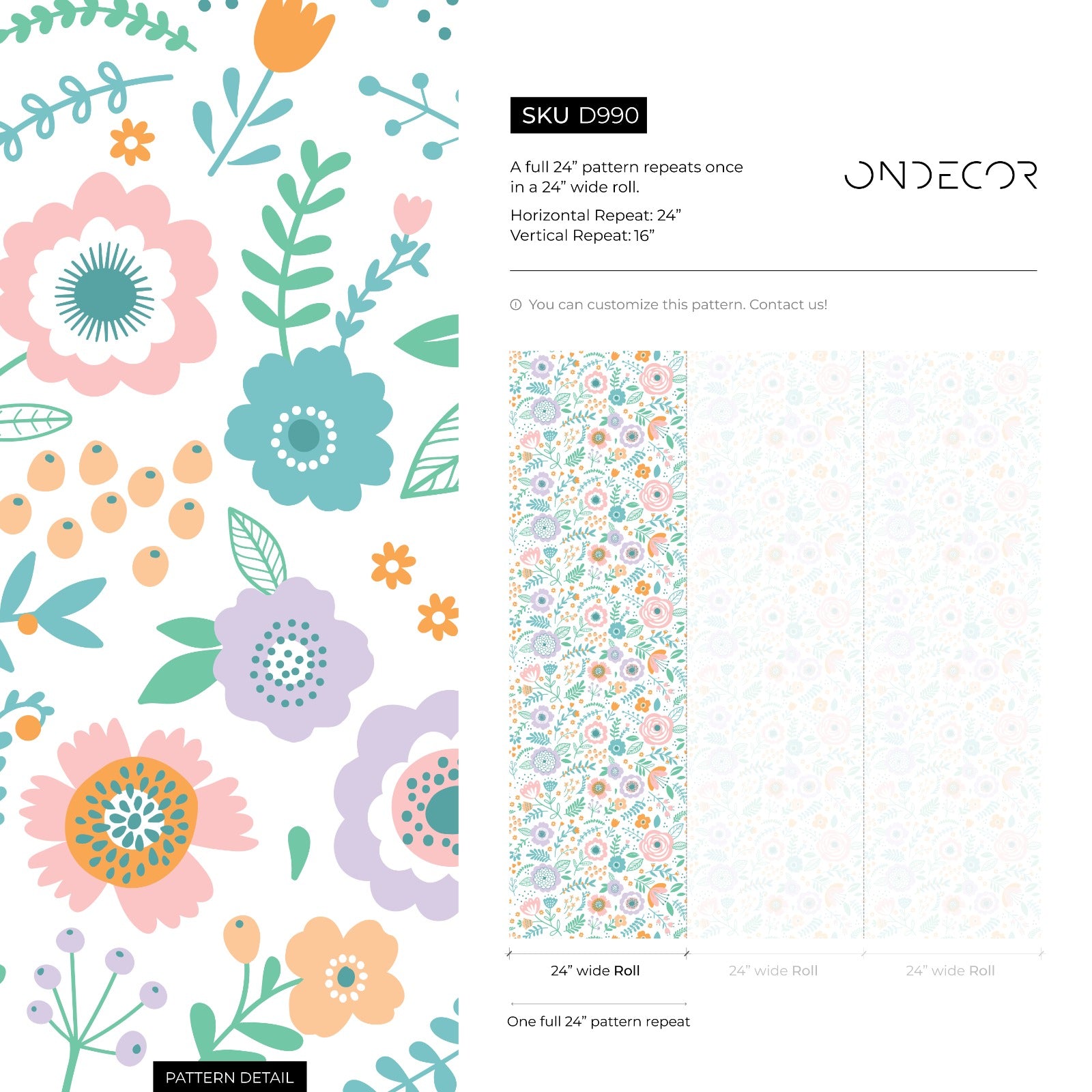 Floral Wallpaper With Stylized Meadow Flowers In Pink, Lavender, And Teal - D990