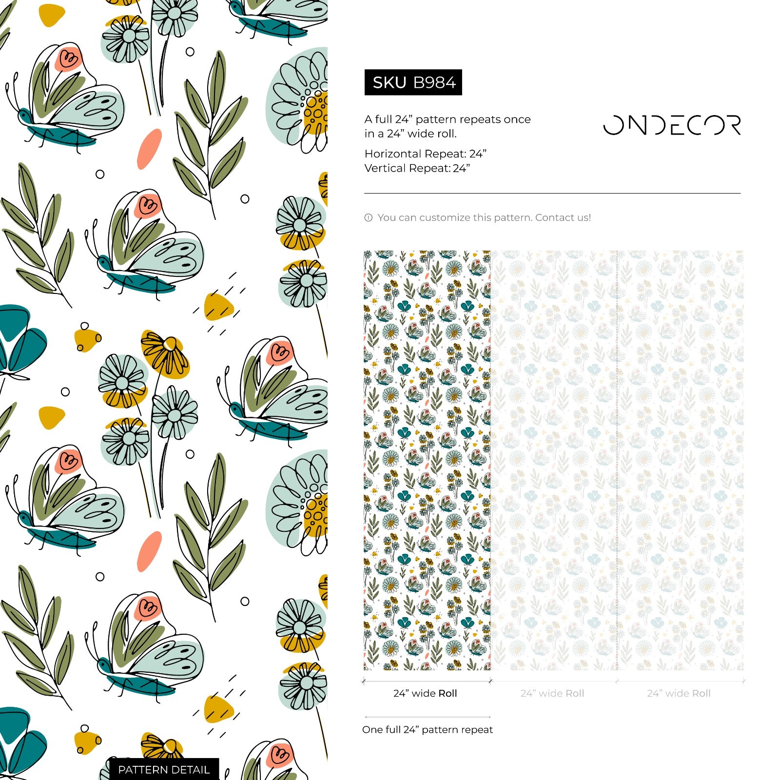 Botanical Wallpaper With Whimsical Butterflies And Flowers In Teal, Yellow, And Green - B984