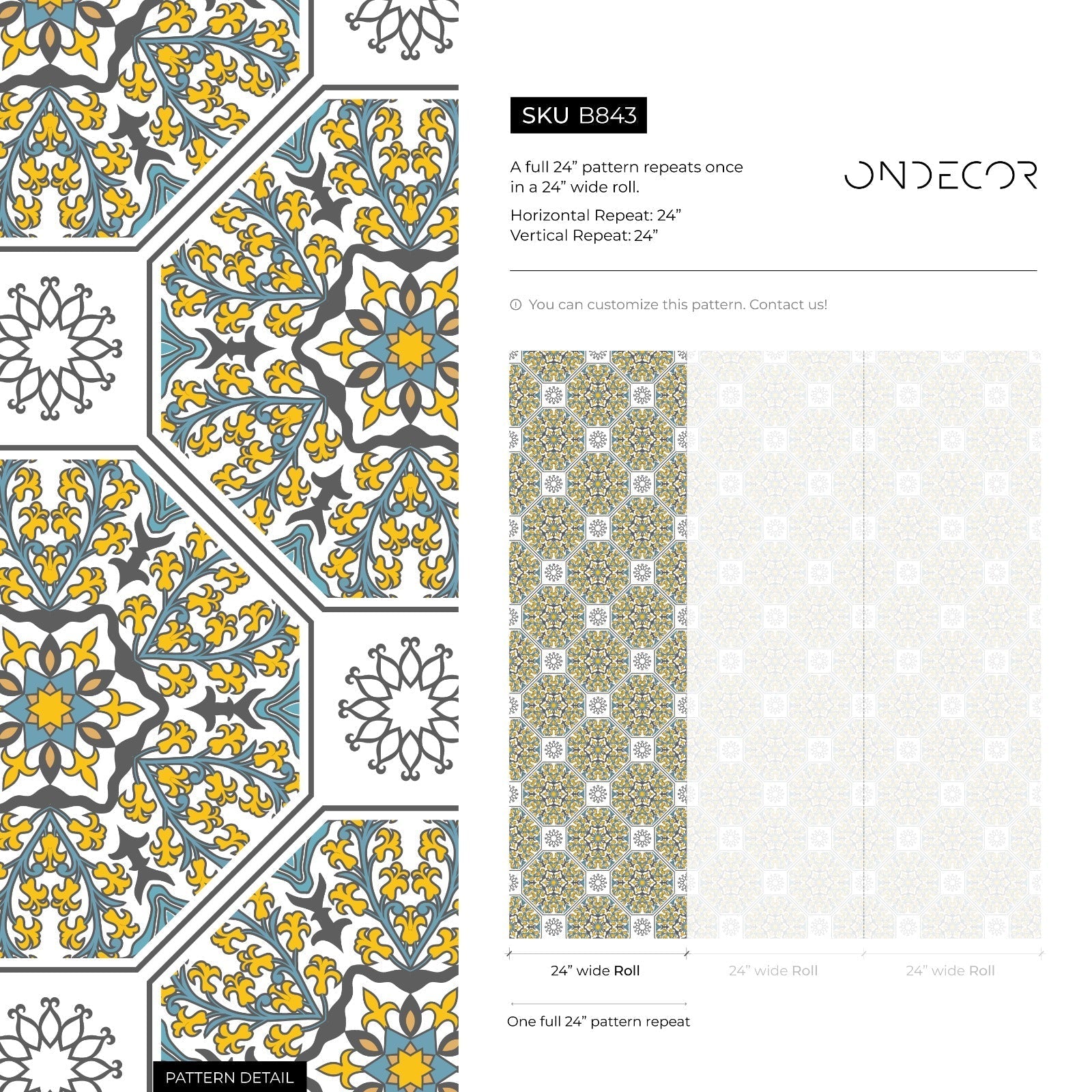 Geometric Wallpaper With A Mediterranean Tile Motif In Yellow, Teal, And Black - B843