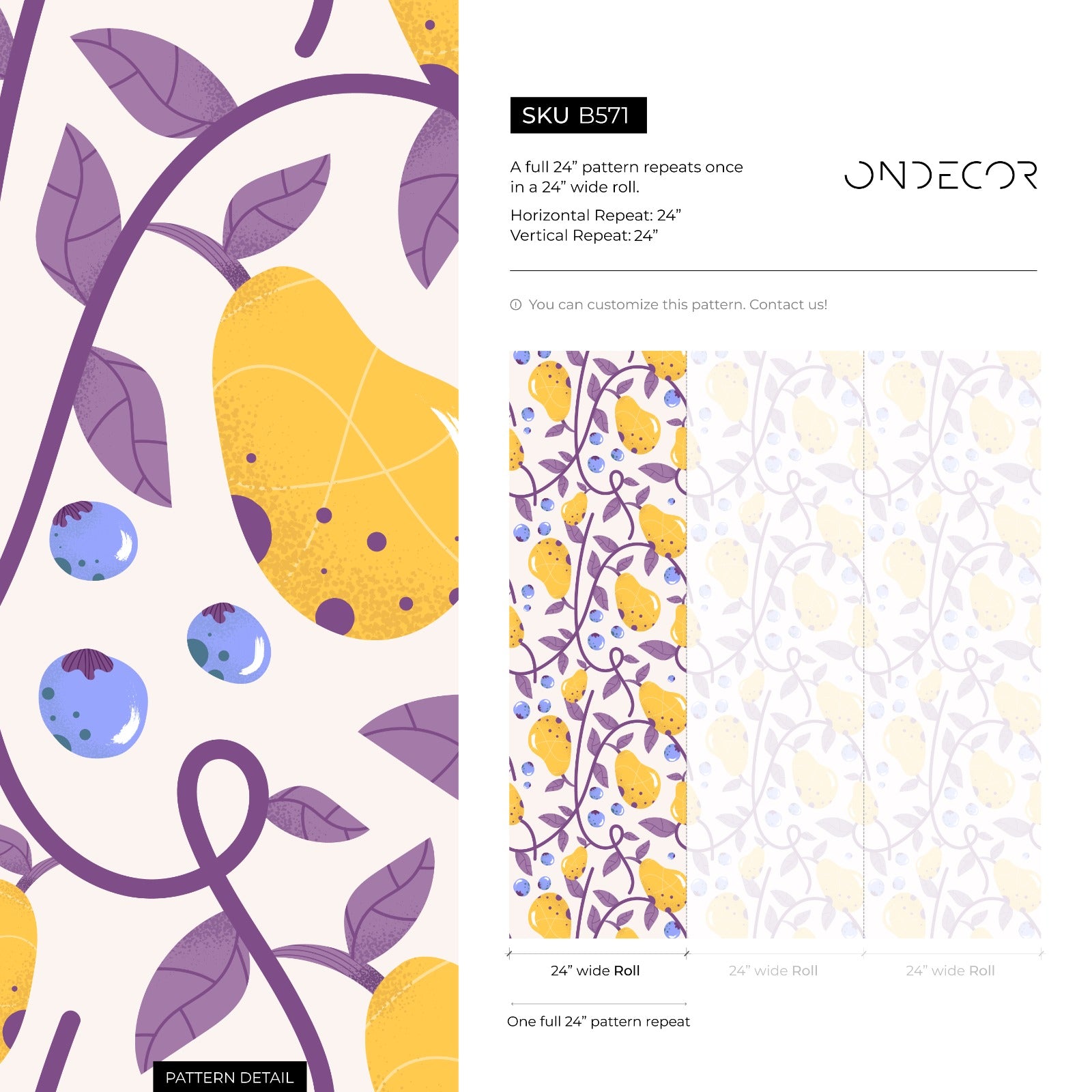 Fruit Wallpaper With Pear And Berry Vines In Yellow, Purple, And Blue - B571