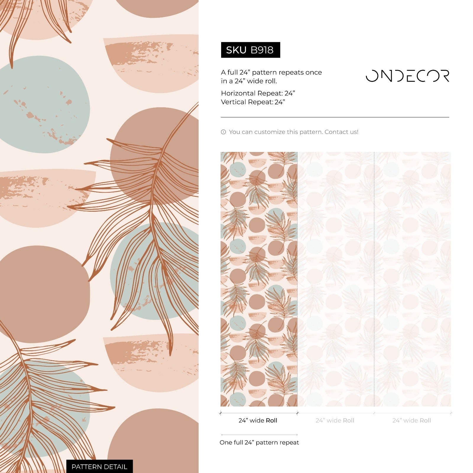 Abstract Wallpaper With Palm Fronds And Circles In Terracotta And Blue - B918