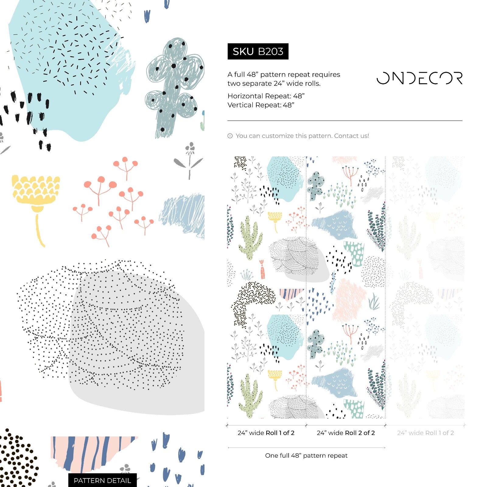 Abstract Wallpaper With Whimsical Cacti And Plants In Blue, Pink, And Green - B203