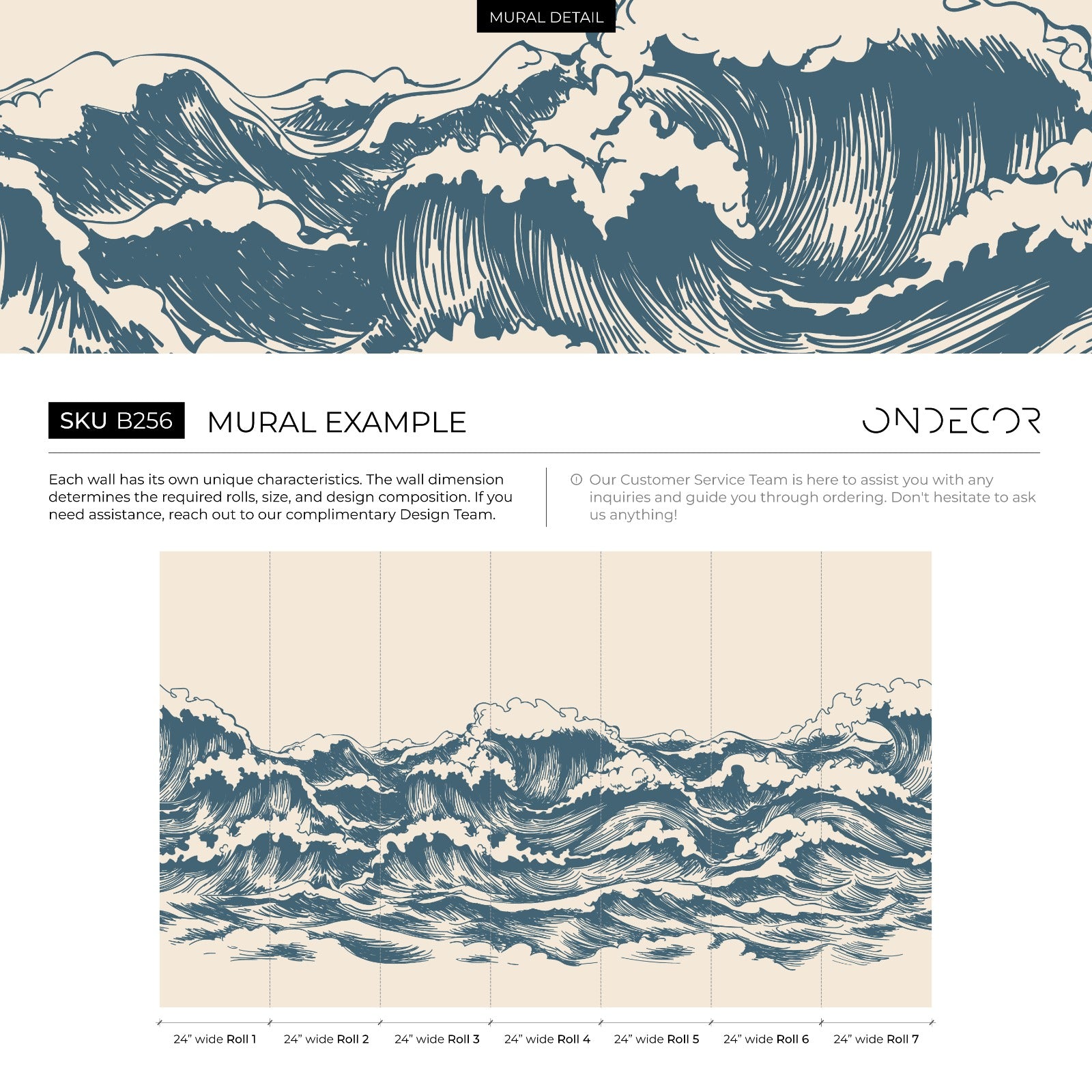 Waves Wallpaper With A Hand-drawn Ocean Motif In Blue And Beige - B256