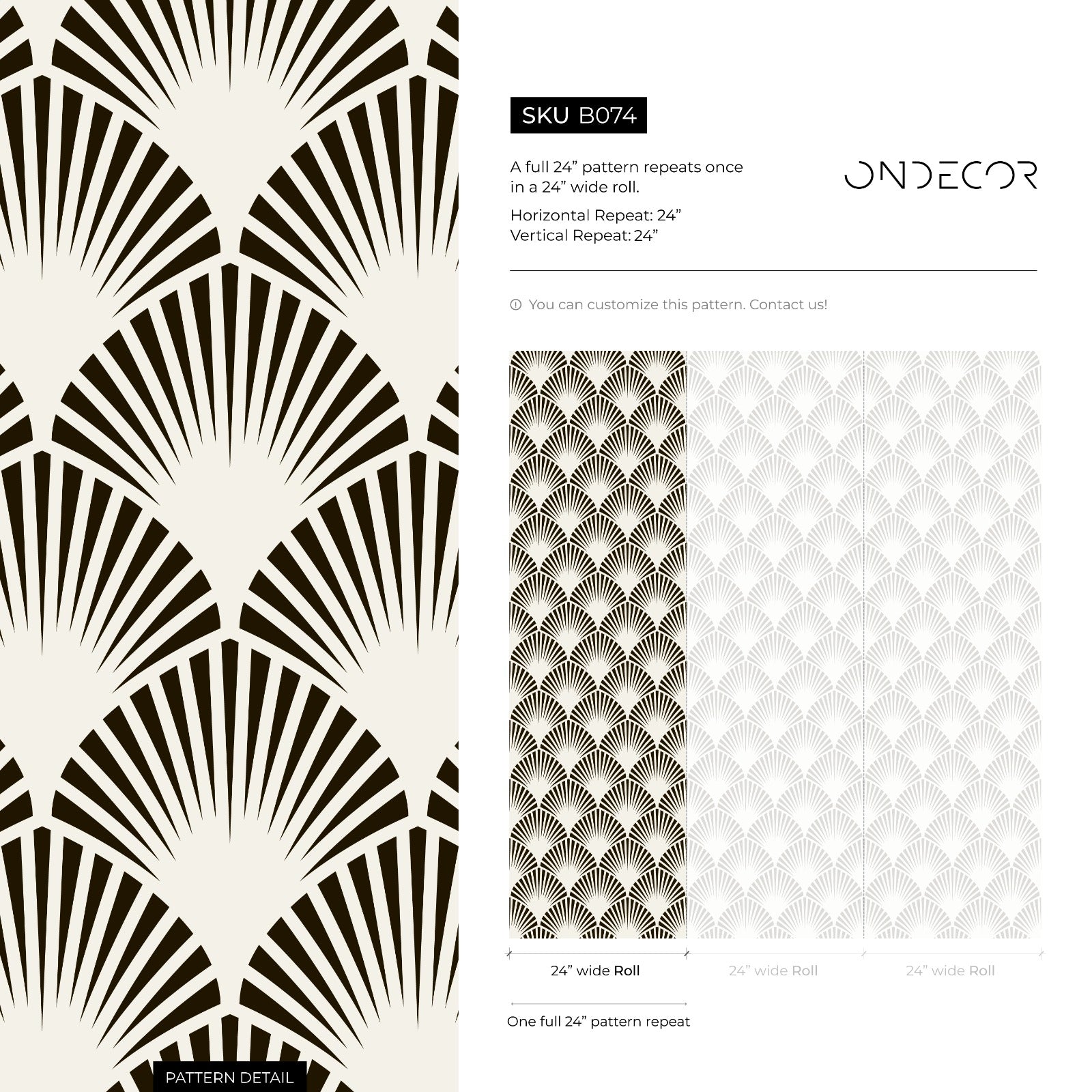 Art Deco Wallpaper With A Stylized Fan Motif In Black And Light Grey - B074