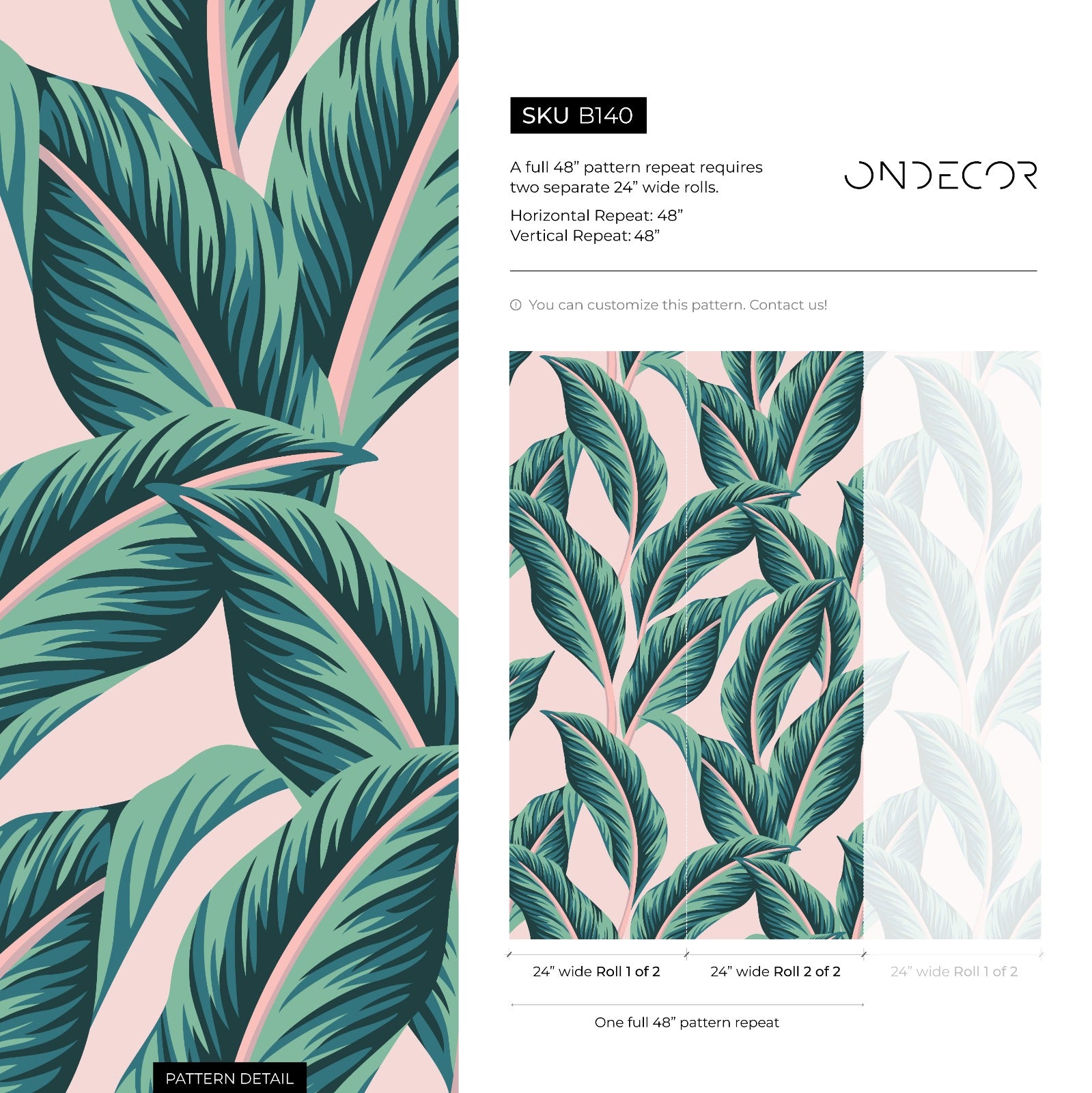 Botanical Wallpaper Featuring Oversized Tropical Leaves In Pink And Green - B140