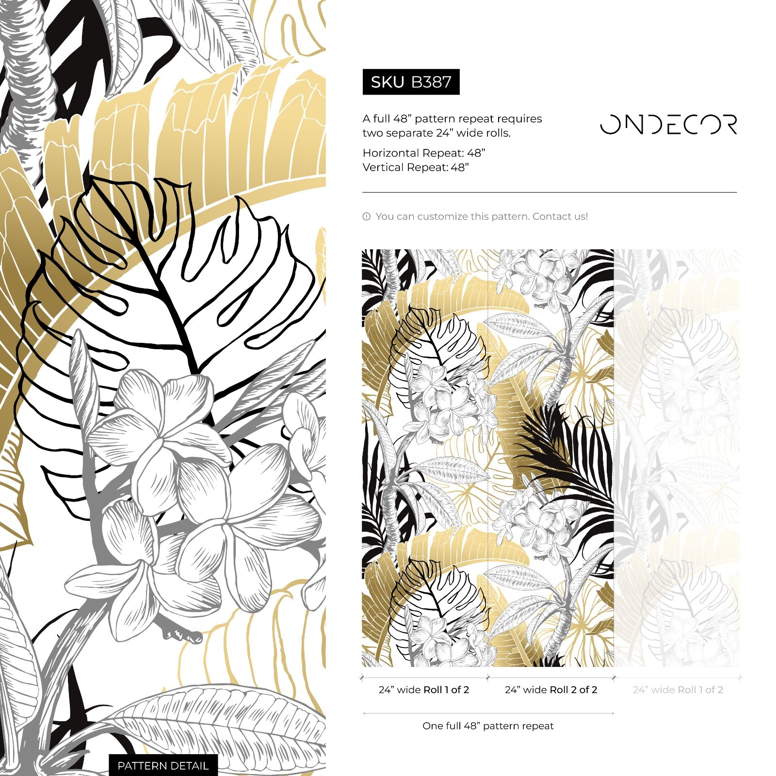 Tropical Wallpaper Featuring Bold Jungle Leaves In Gold, Black, And Grey - B387